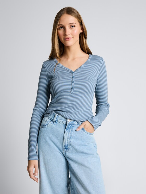 Slim fit Henley-shirt met lange mouwen en streepjesmotief door Denim Female, mid blue white stripe