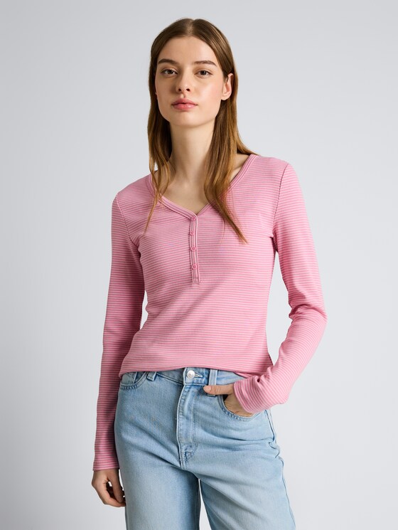 Slim fit Henley-shirt met lange mouwen en streepjesmotief door Denim Female, pink white stripe
