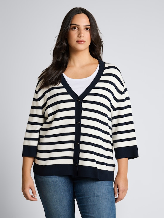 Plus Size - Loose Fit Cardigan mit Streifenmuster von Women Plus Size, white sky blue knit stripe