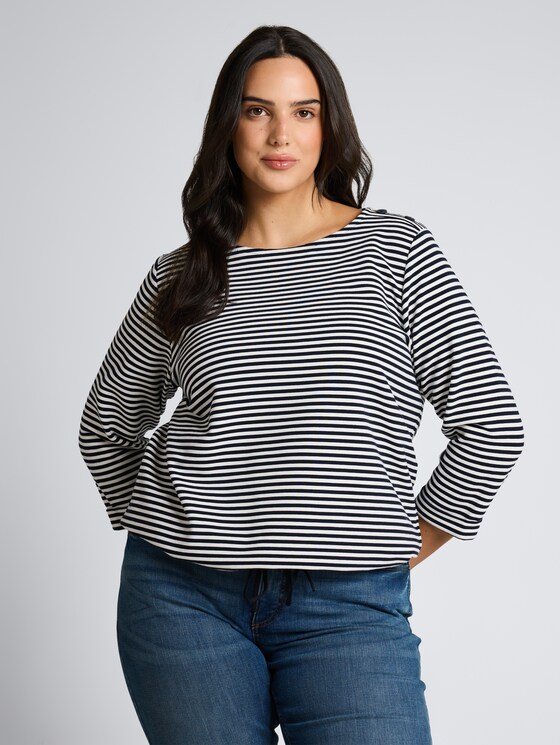 Plus Size - Langarmshirt mit Knopf-Details von Women Plus Size, offwhite navy regular stripe