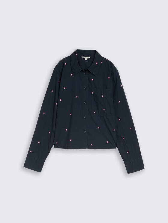 Boxy fit overhemdblouse met hartjesborduursel door Denim Female, navy pink heart embroidery