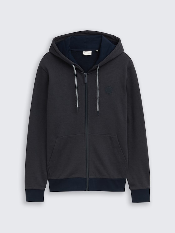 Hoodie Sweatjack met logo-badge door Men, navy grey yarn dye stripe