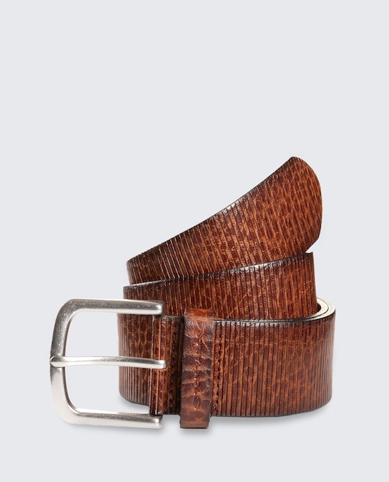 TTROY Leather Belt with Rounded Buckle by Men, cognac uni
