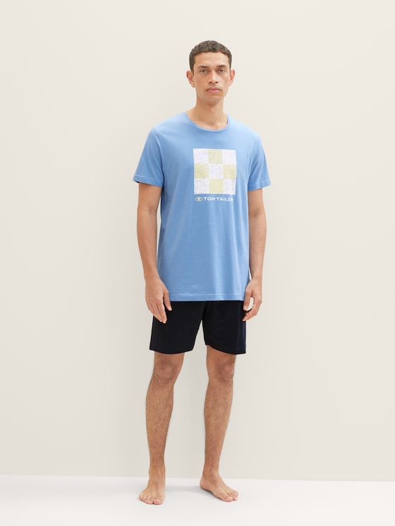 Short pyjamas with a print by Men, blue-light-solid