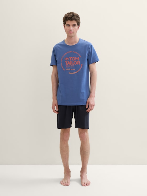 Cotton pyjama set with logo print by Men, blue-medium-solid