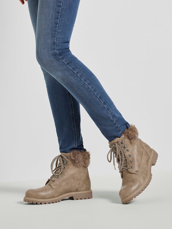 lace up ankle boots with fur trim
