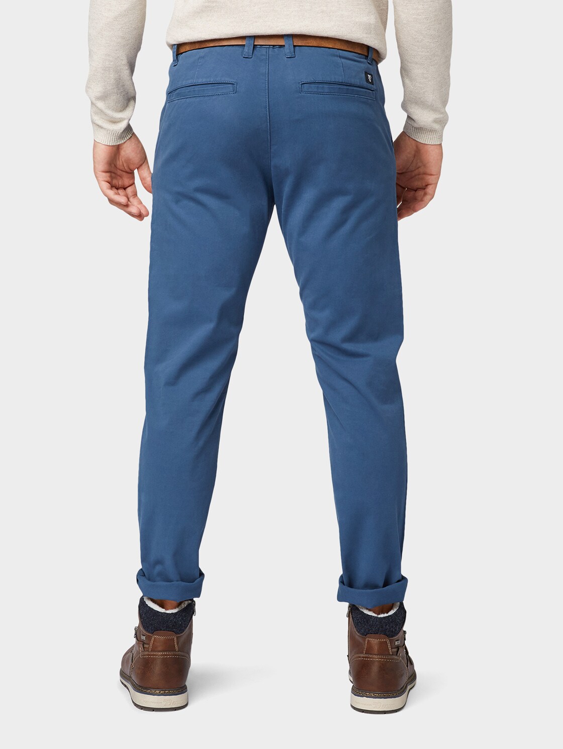 Slim-fit chinos with belt - Dark Duck Blue - Neckline model-back view
