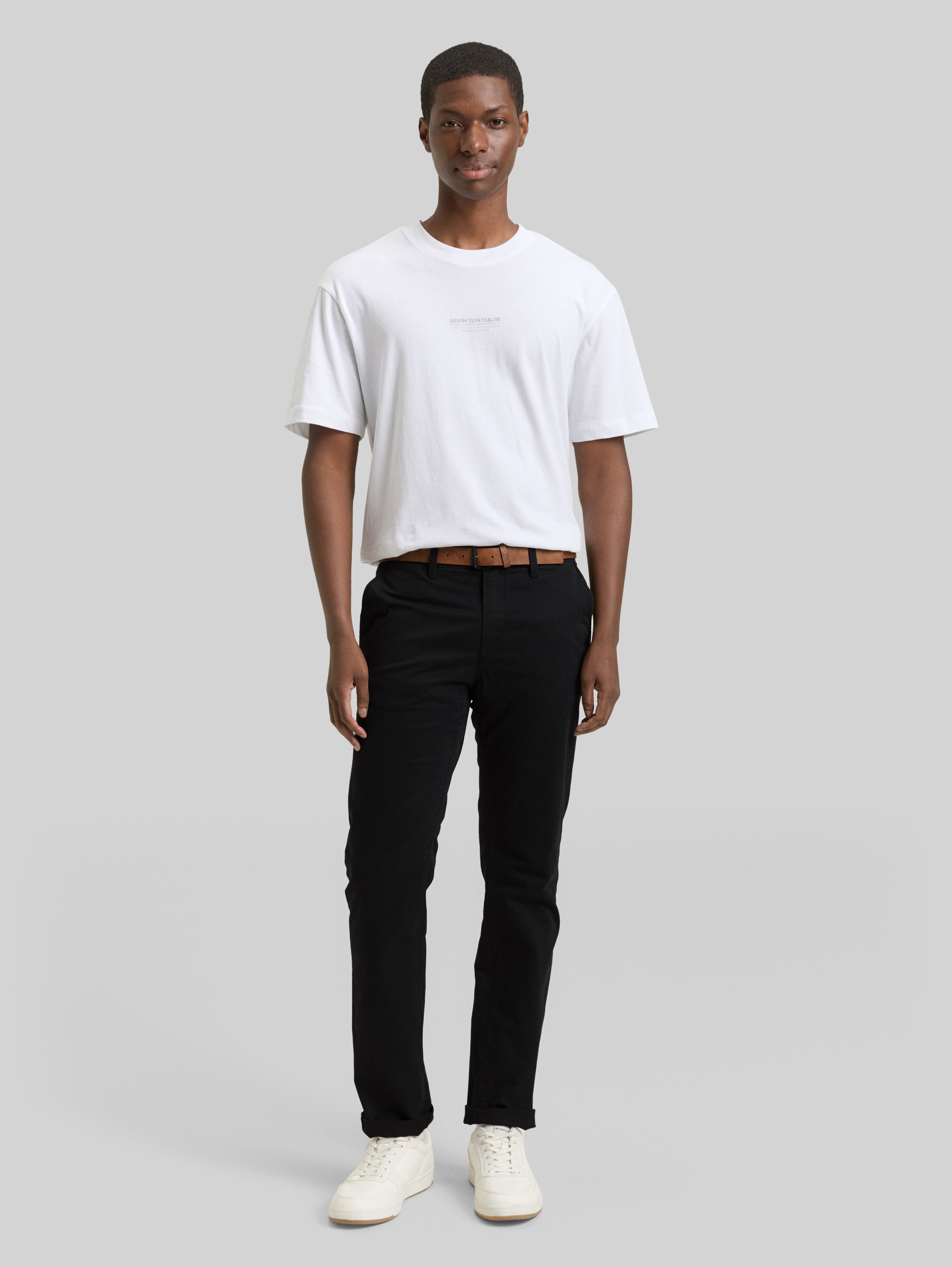 Slim-fit chinos with belt in black by Tom Tailor