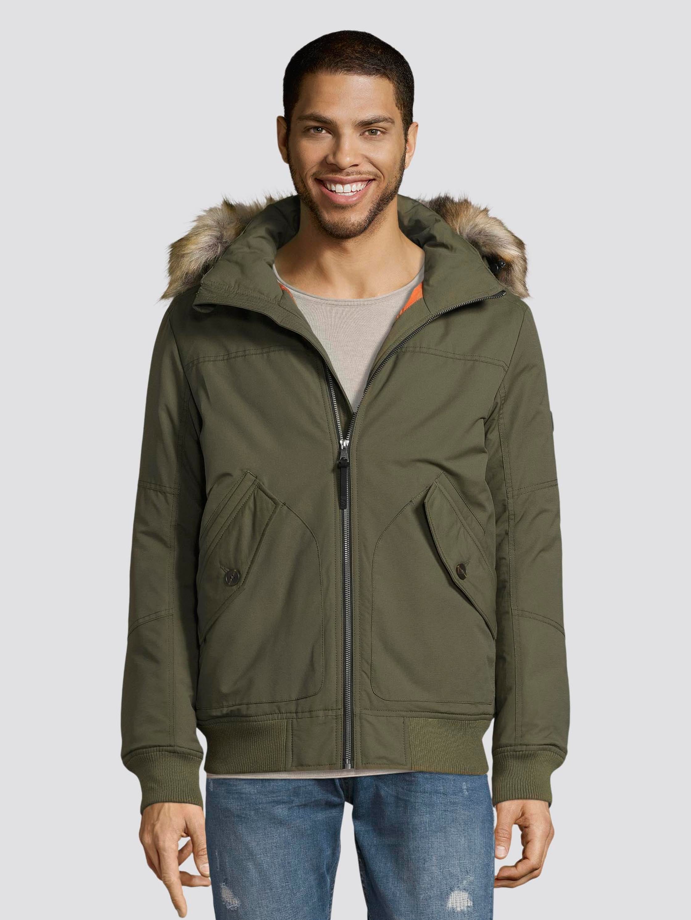Bomber jacket with hood - Olive Night Green - Model front view