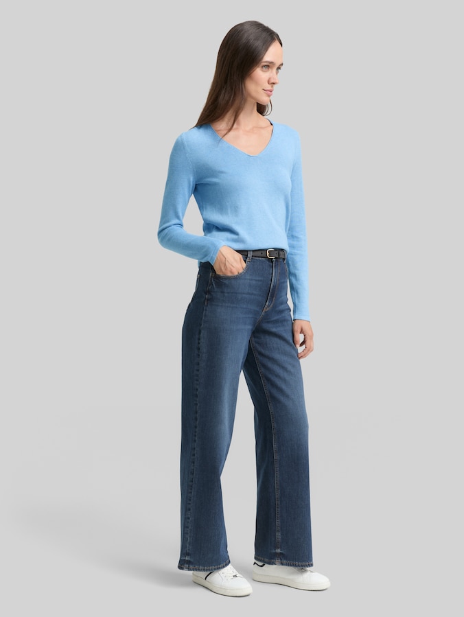 Sweater with a V-neckline by Women, sea blue melange