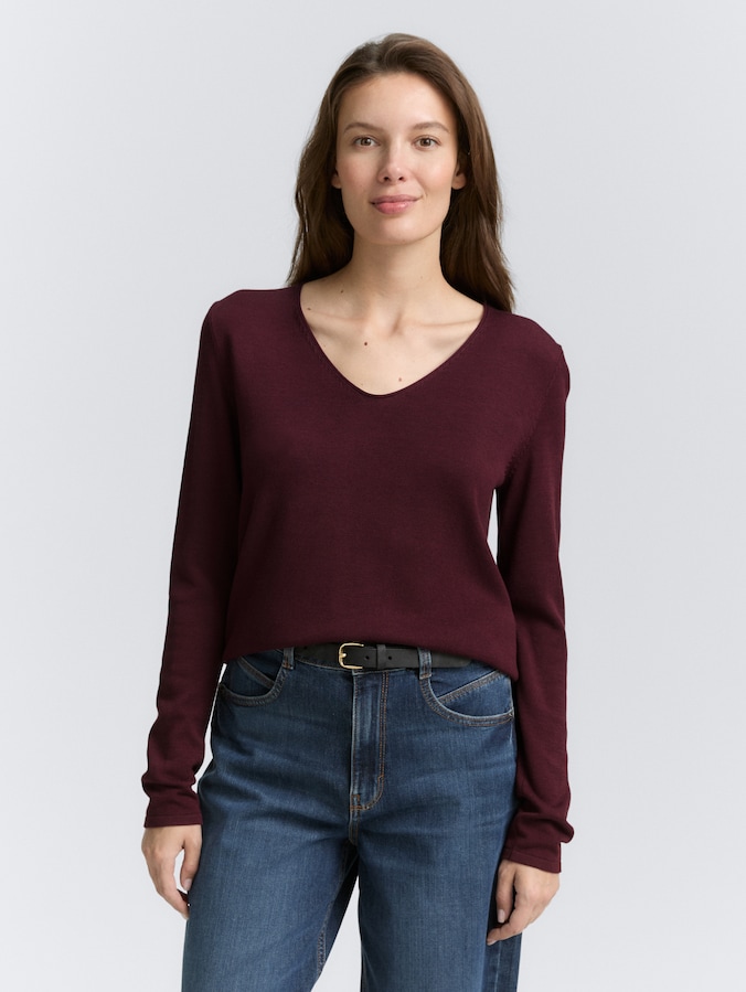 Strickpullover mit V-Ausschnitt von Women, bordeaux red