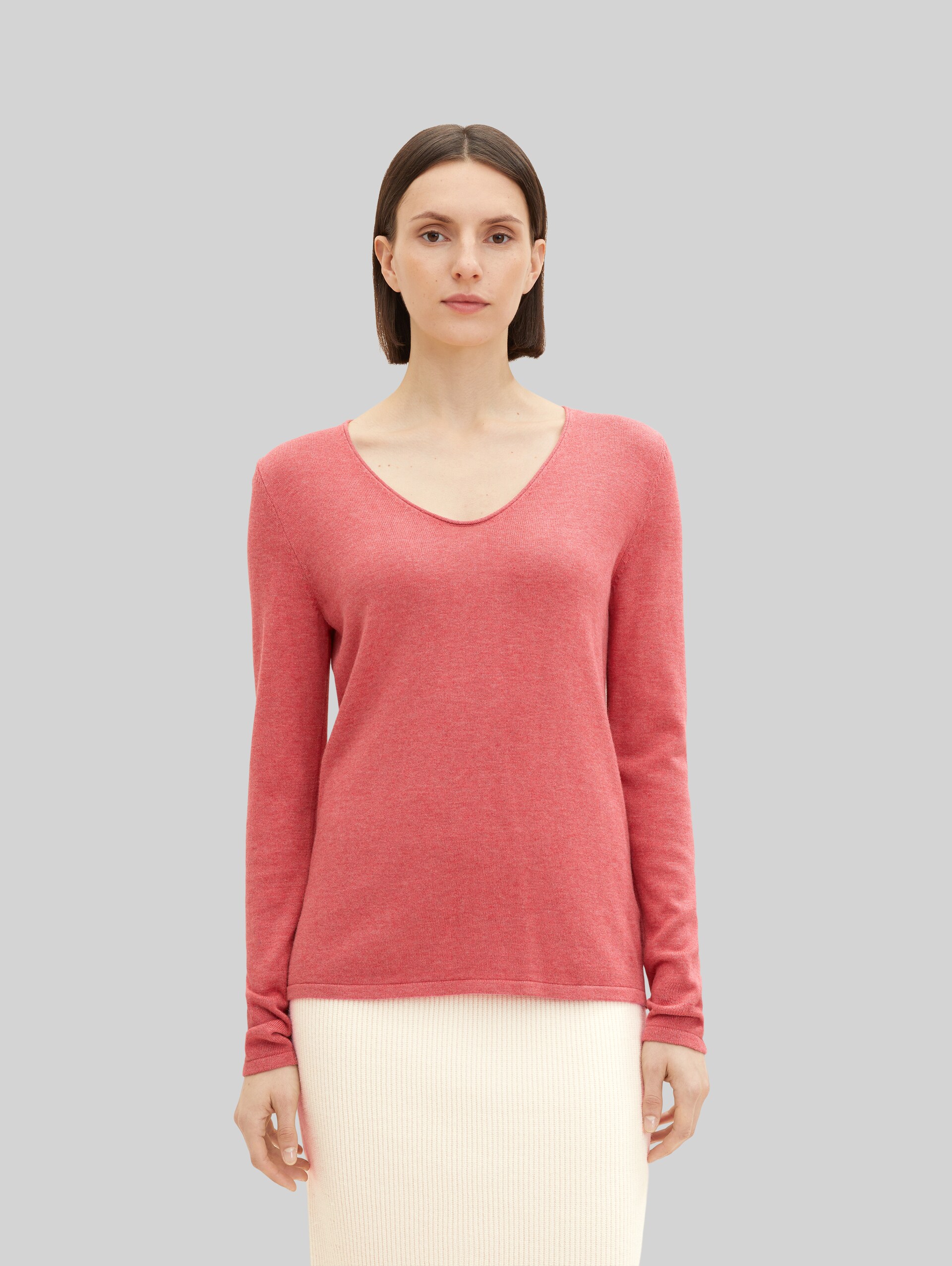 Strickpullover mit V-Ausschnitt - cozy pink melange - Ausschnitt Model-Vorderansicht