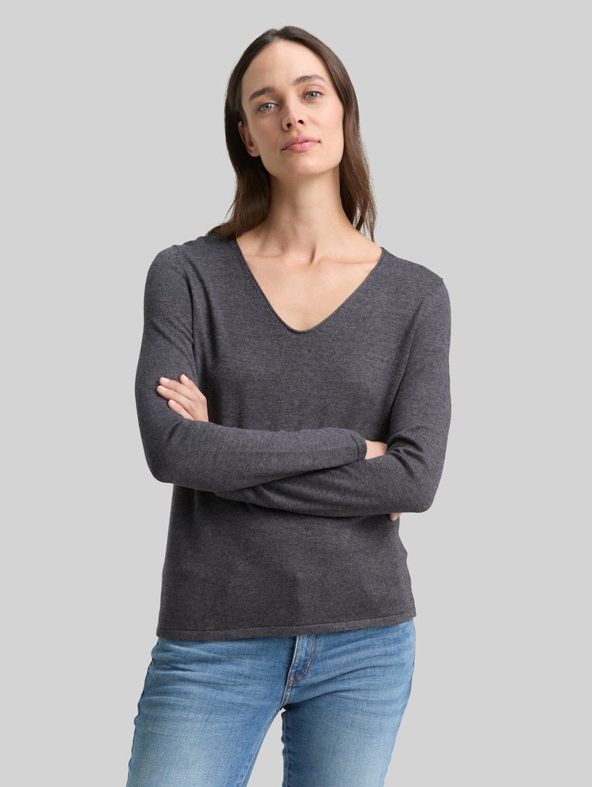 Strickpullover mit V-Ausschnitt von Women, evident anthracite melange