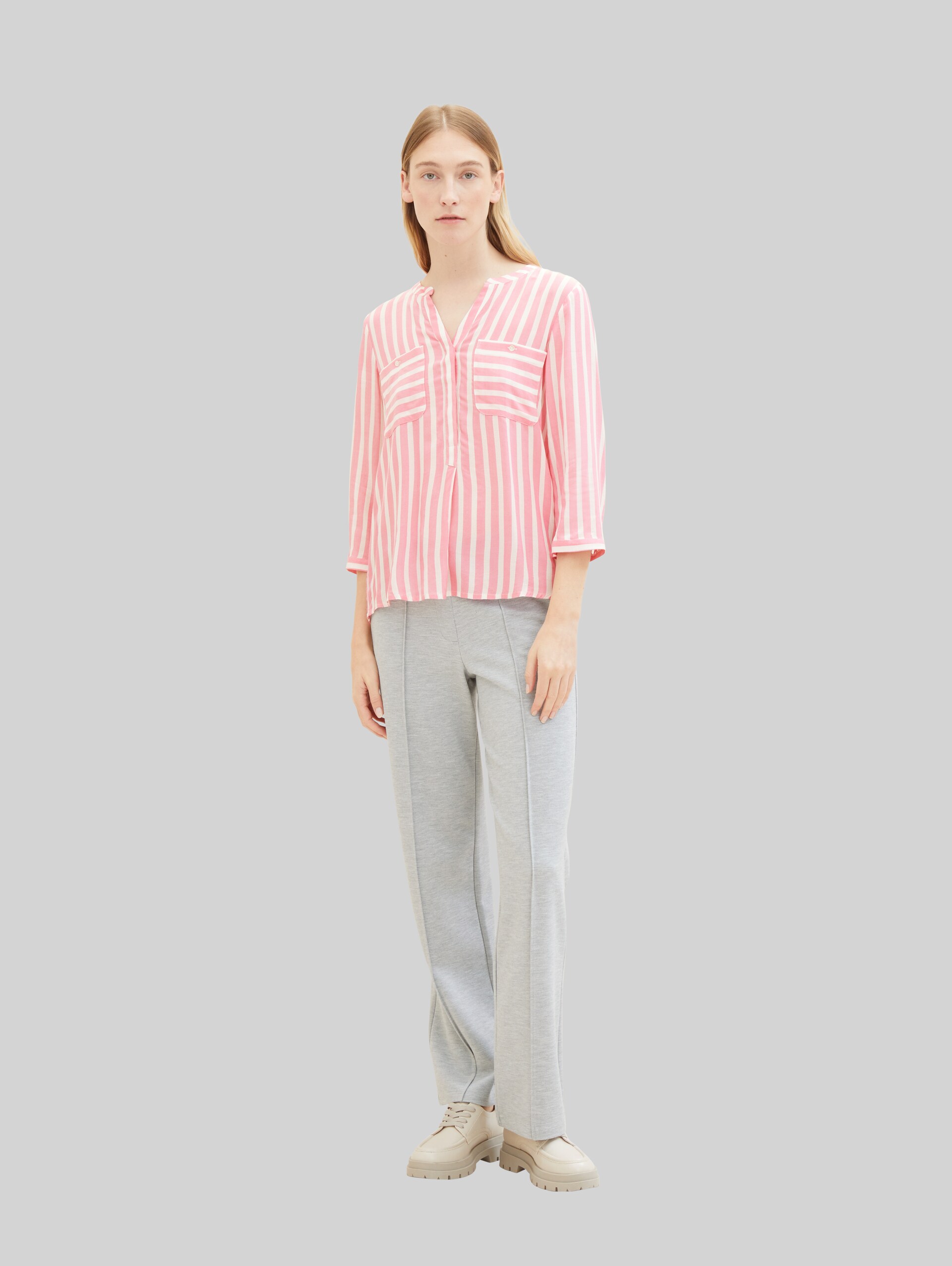 Striped blouse with LENZING(TM) ECOVERO(TM) - pink offwhite stripe - Model front view