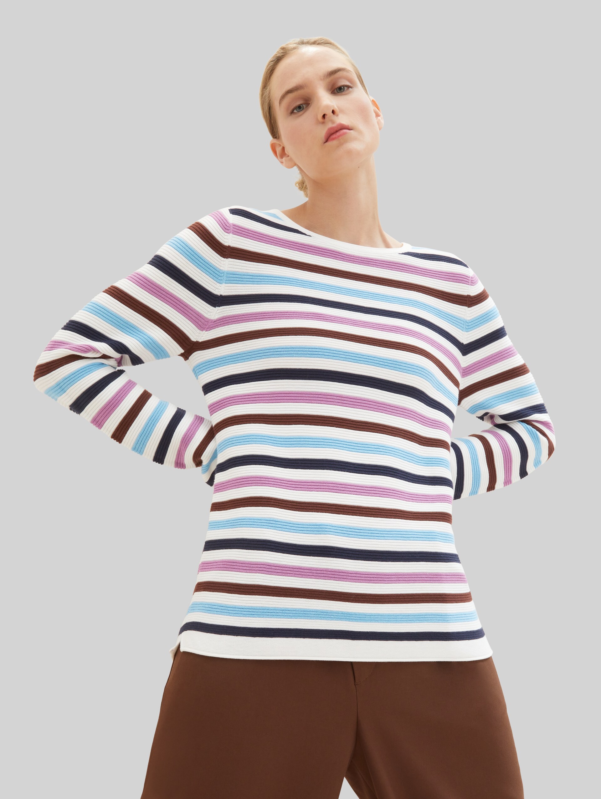 Cotton knitted jumper - mauvy ottoman stripe