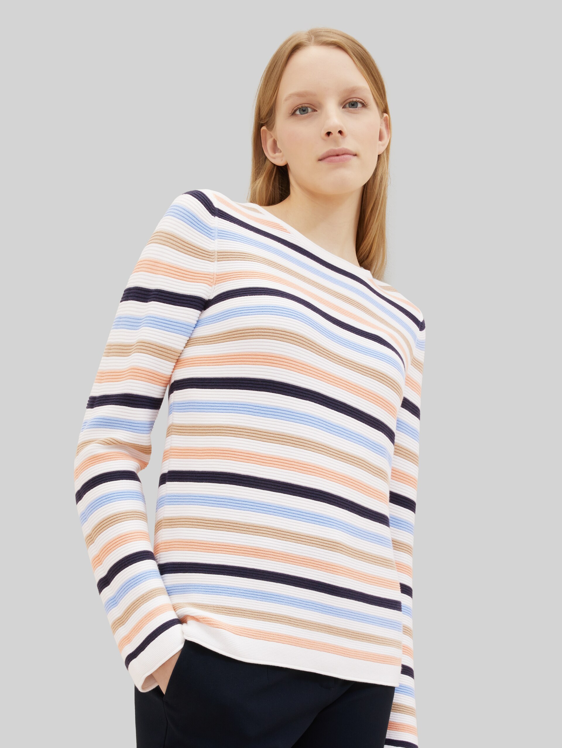 Gebreide trui van katoen - peach blue ottoman stripe