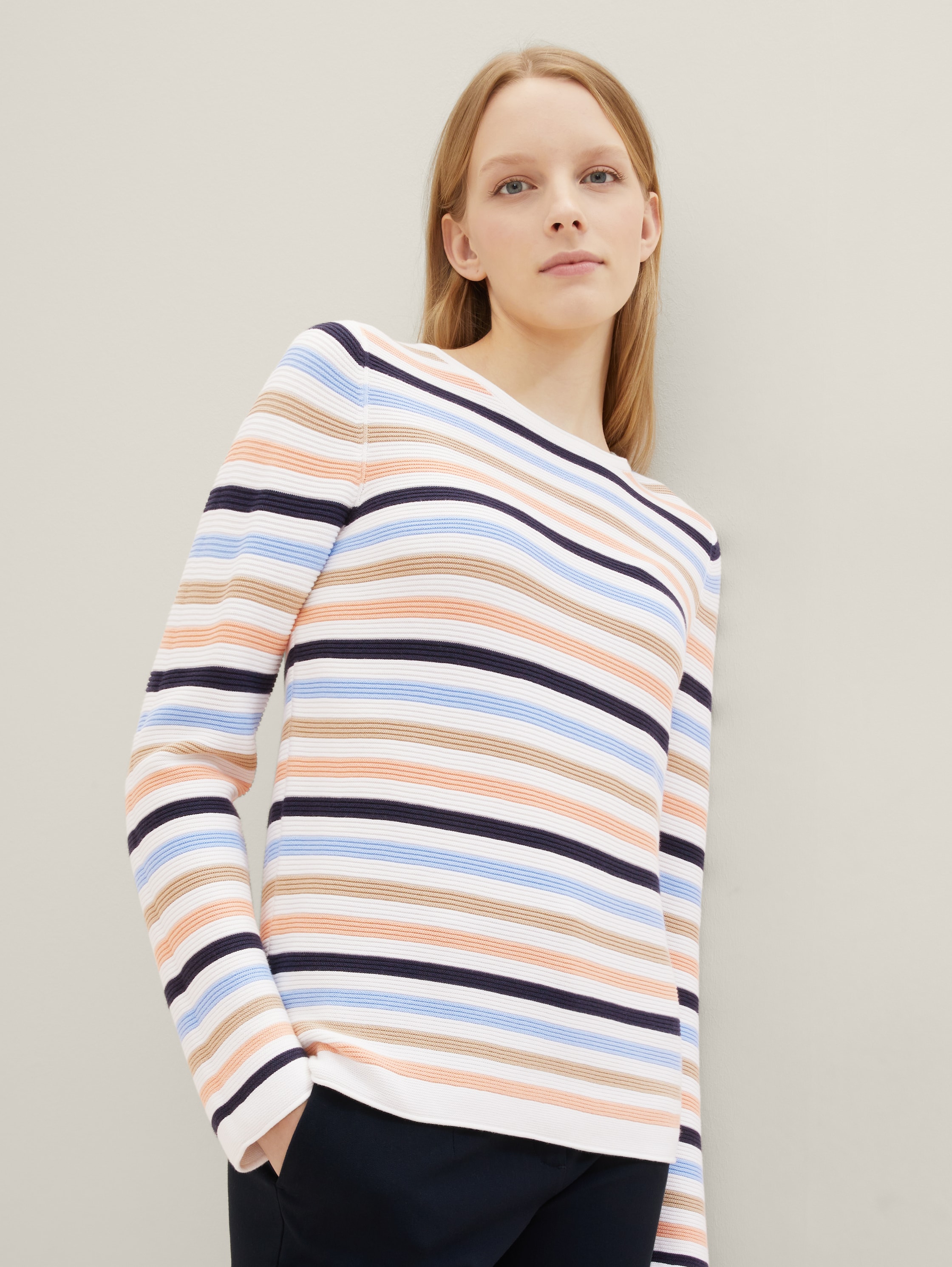 Gebreide trui van biologisch katoen - peach blue ottoman stripe