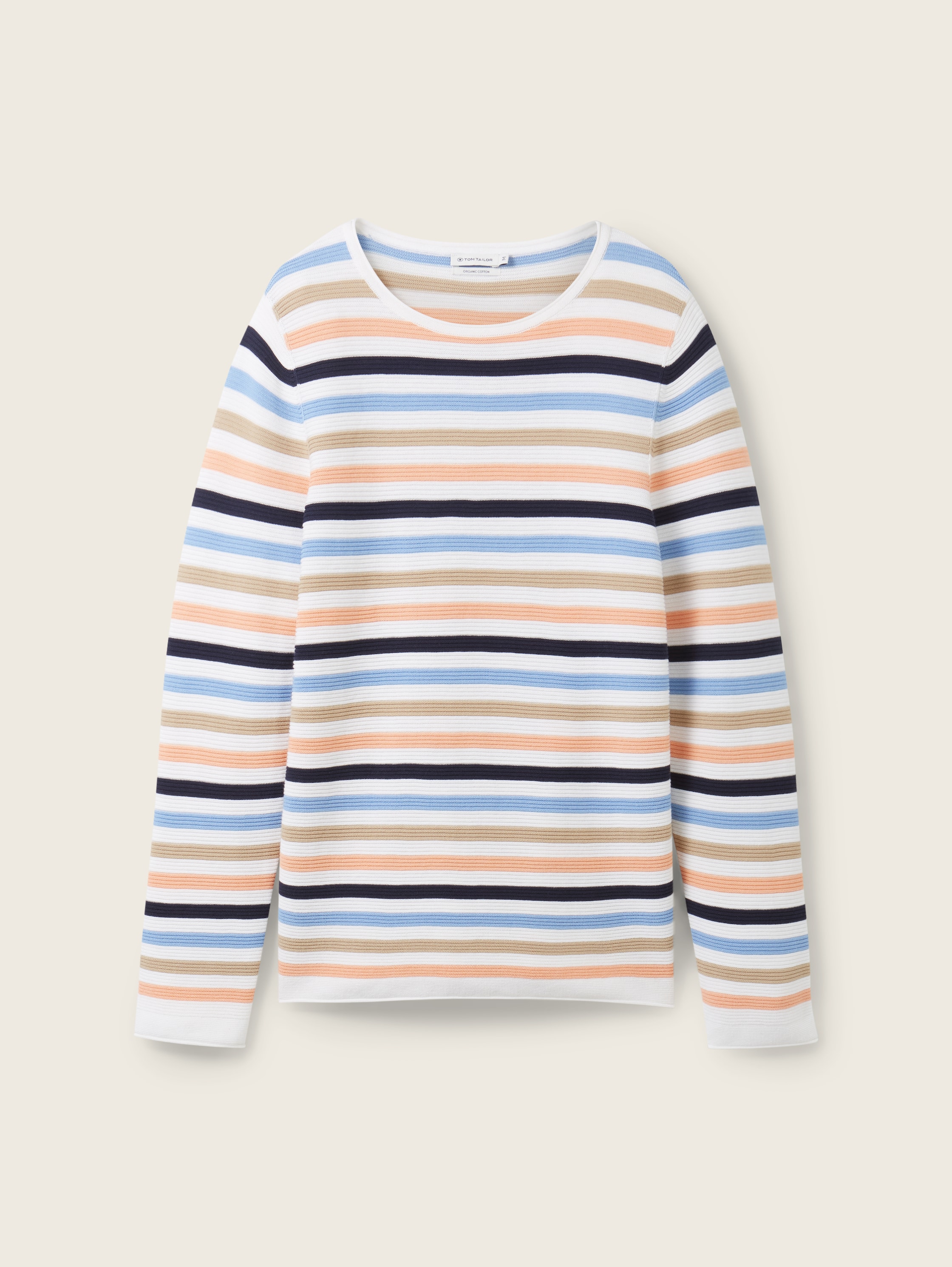 Gebreide trui van biologisch katoen - peach blue ottoman stripe