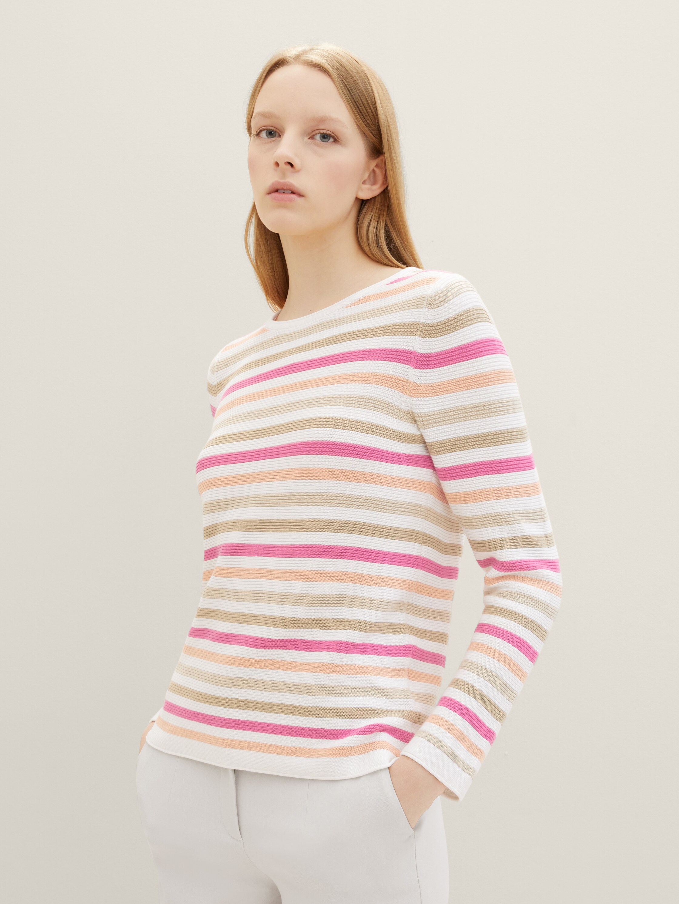 Gebreide trui van biologisch katoen - pink peach ottoman stripe