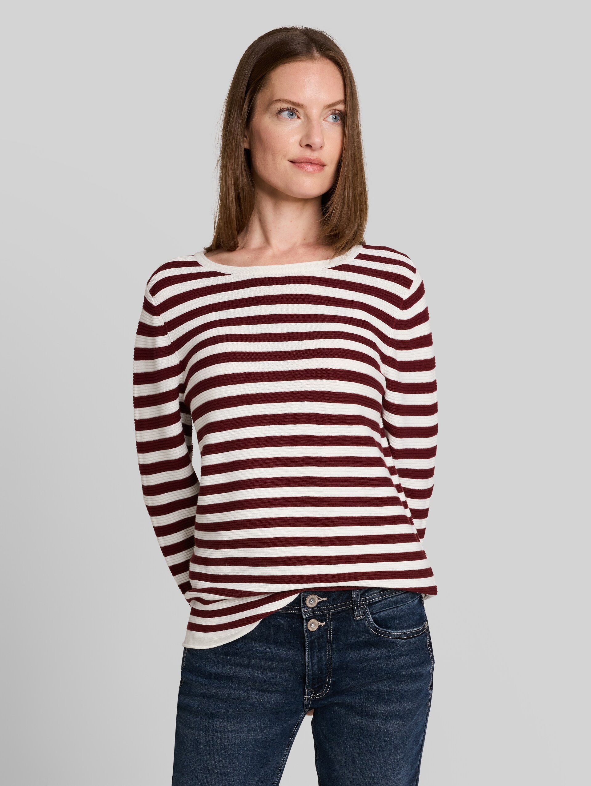 Gebreide trui van katoen - preppy plum stripe - Nek model vooraanzicht