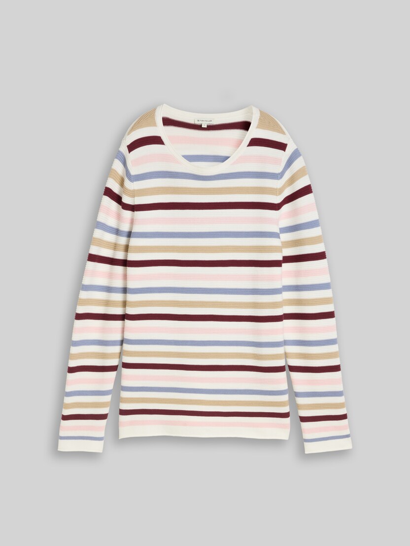 Cotton knitted jumper by Women, rosa beige plum regular stripe