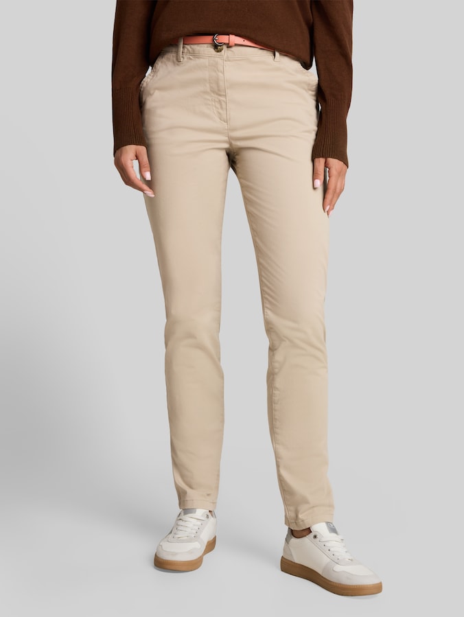 Chino met riem door Women, Gravel Beige