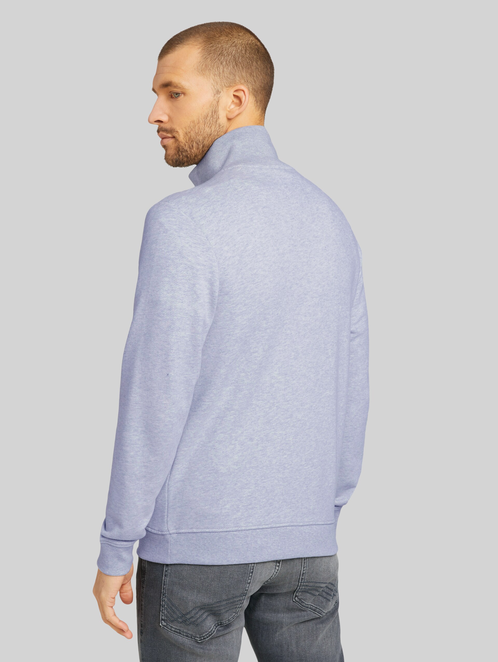 Sweatjack met opstaande kraag - Light Stone Grey Melange - Neklijn model-achteraanzicht