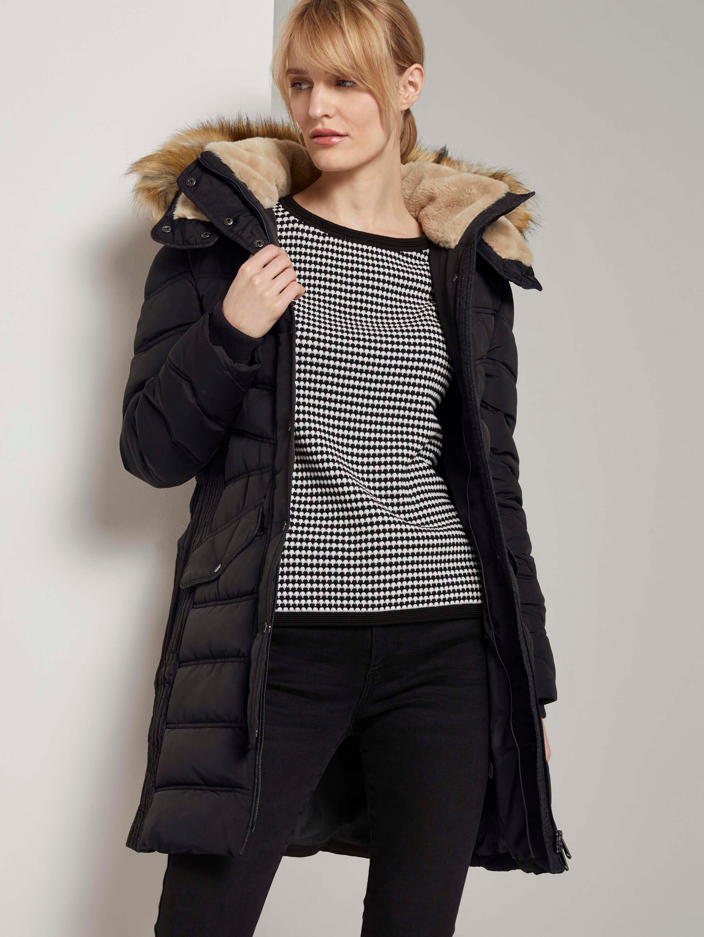 Puffermantel mit Fellkapuze - schwarz - 