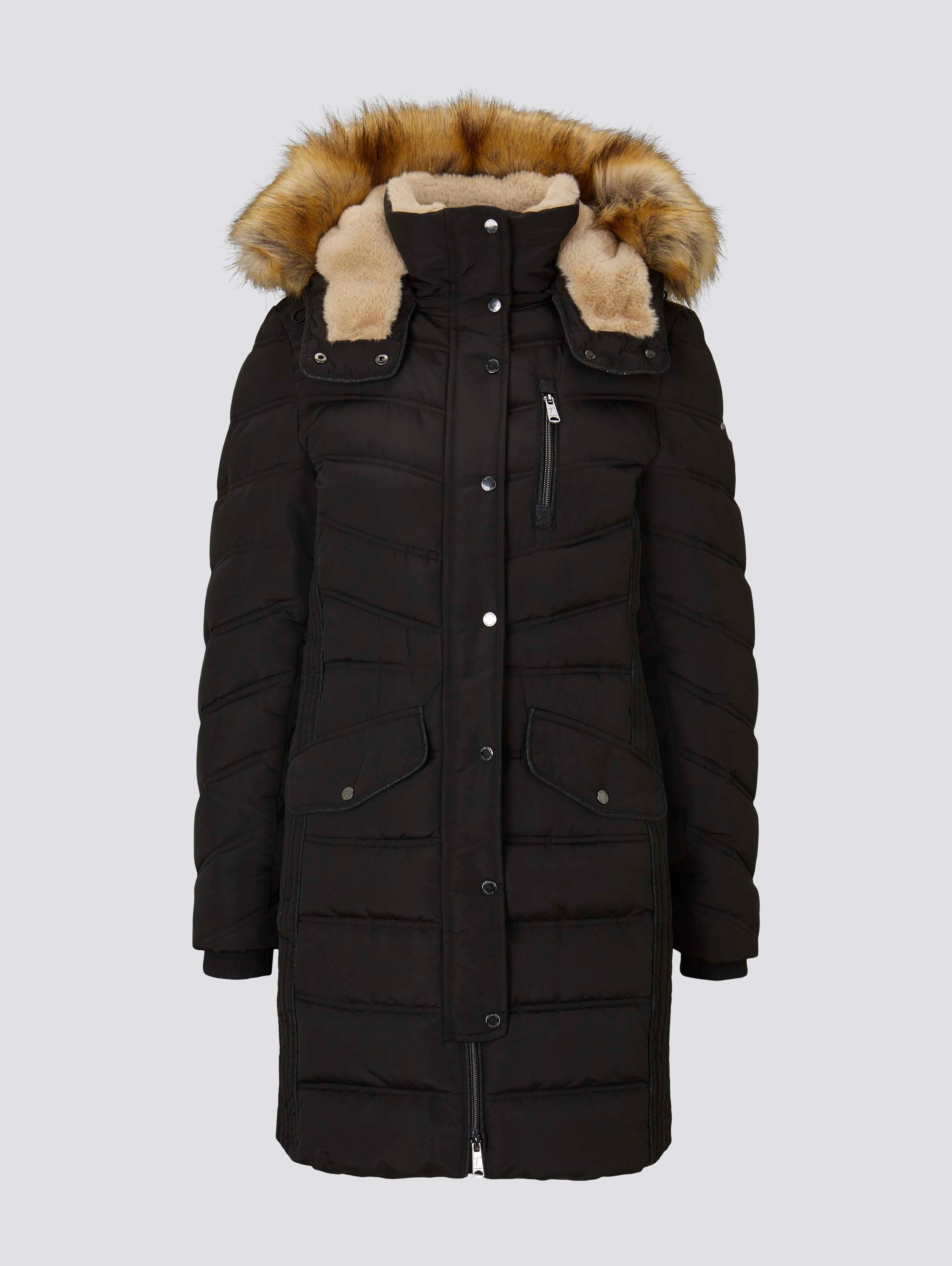 Puffer coat with a fur hood - deep black - Front product view
