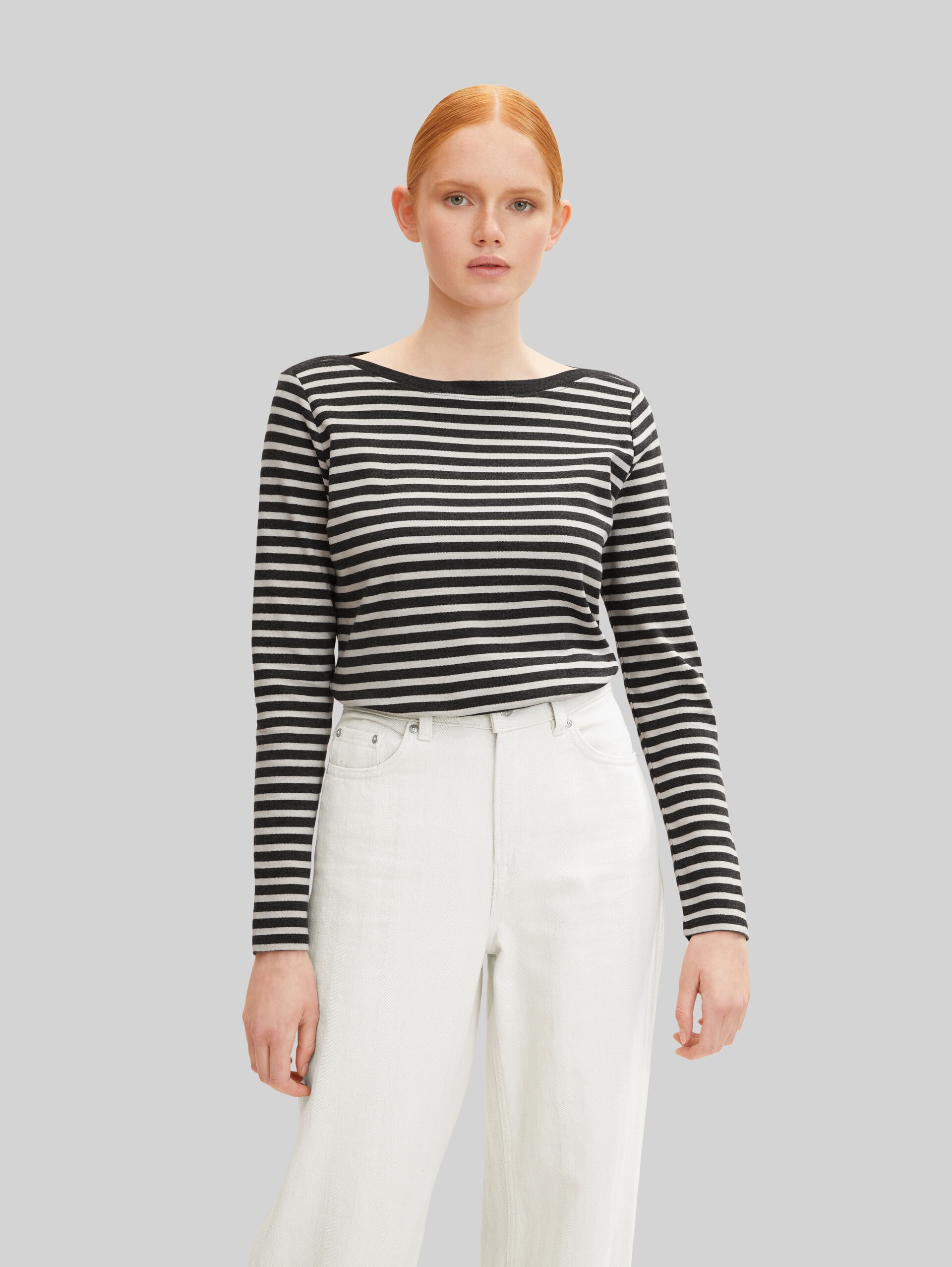 Shirt met lange mouwen en streepmotief - grey beige stripe - Nek model vooraanzicht