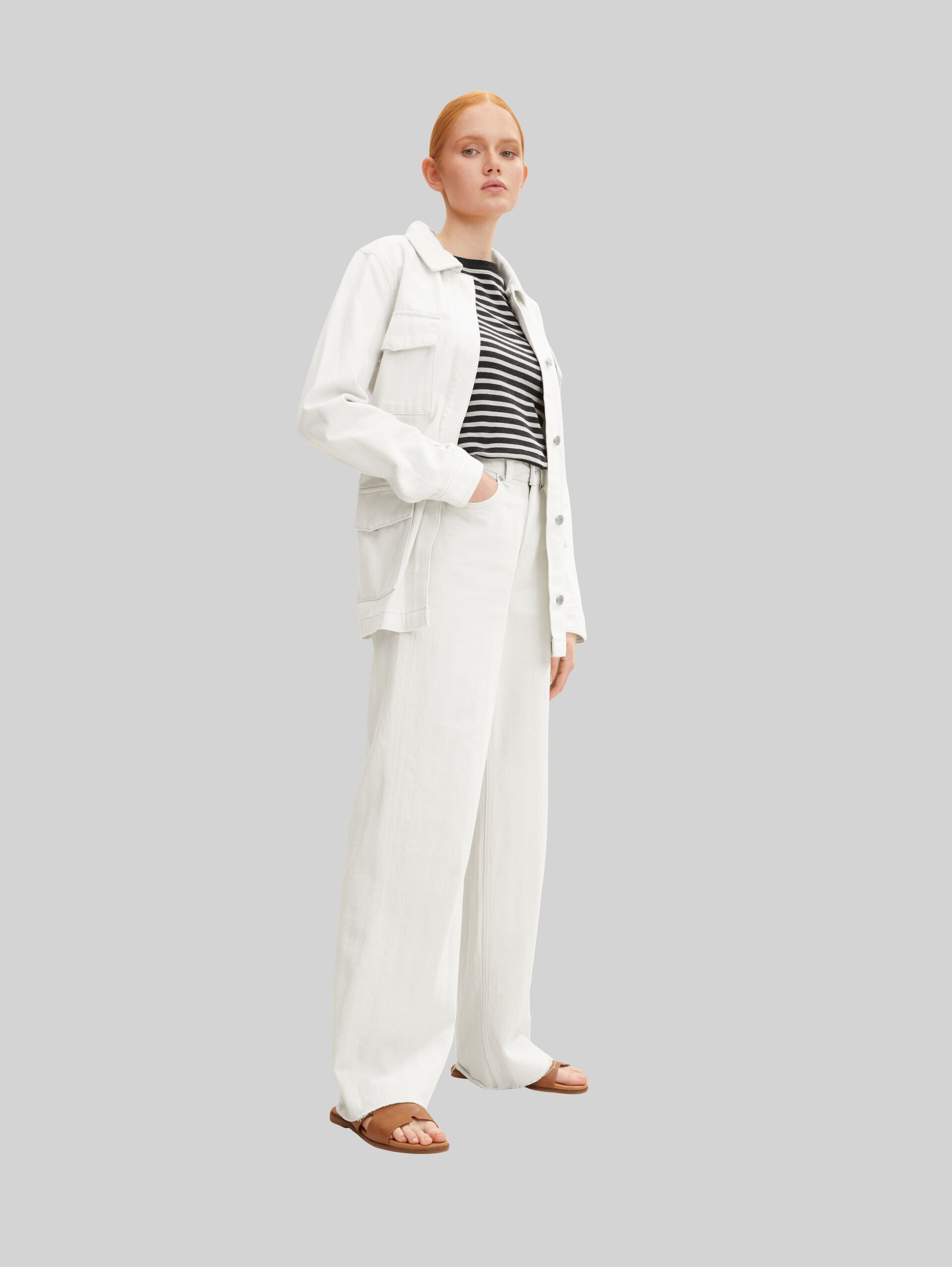Shirt met lange mouwen en streepmotief - grey beige stripe - Model vooraanzicht