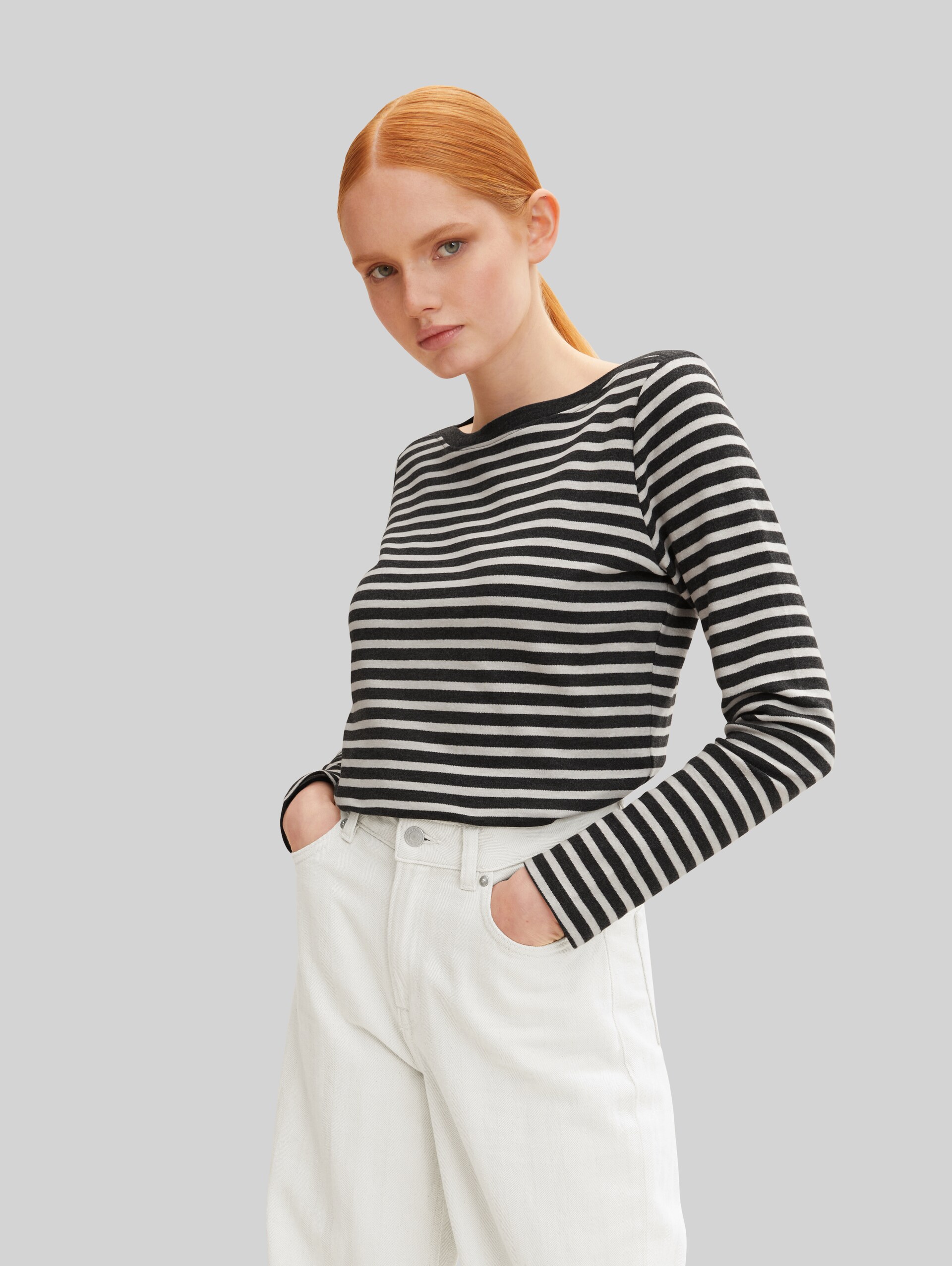 Shirt met lange mouwen en streepmotief - grey beige stripe - Detailaanzicht model