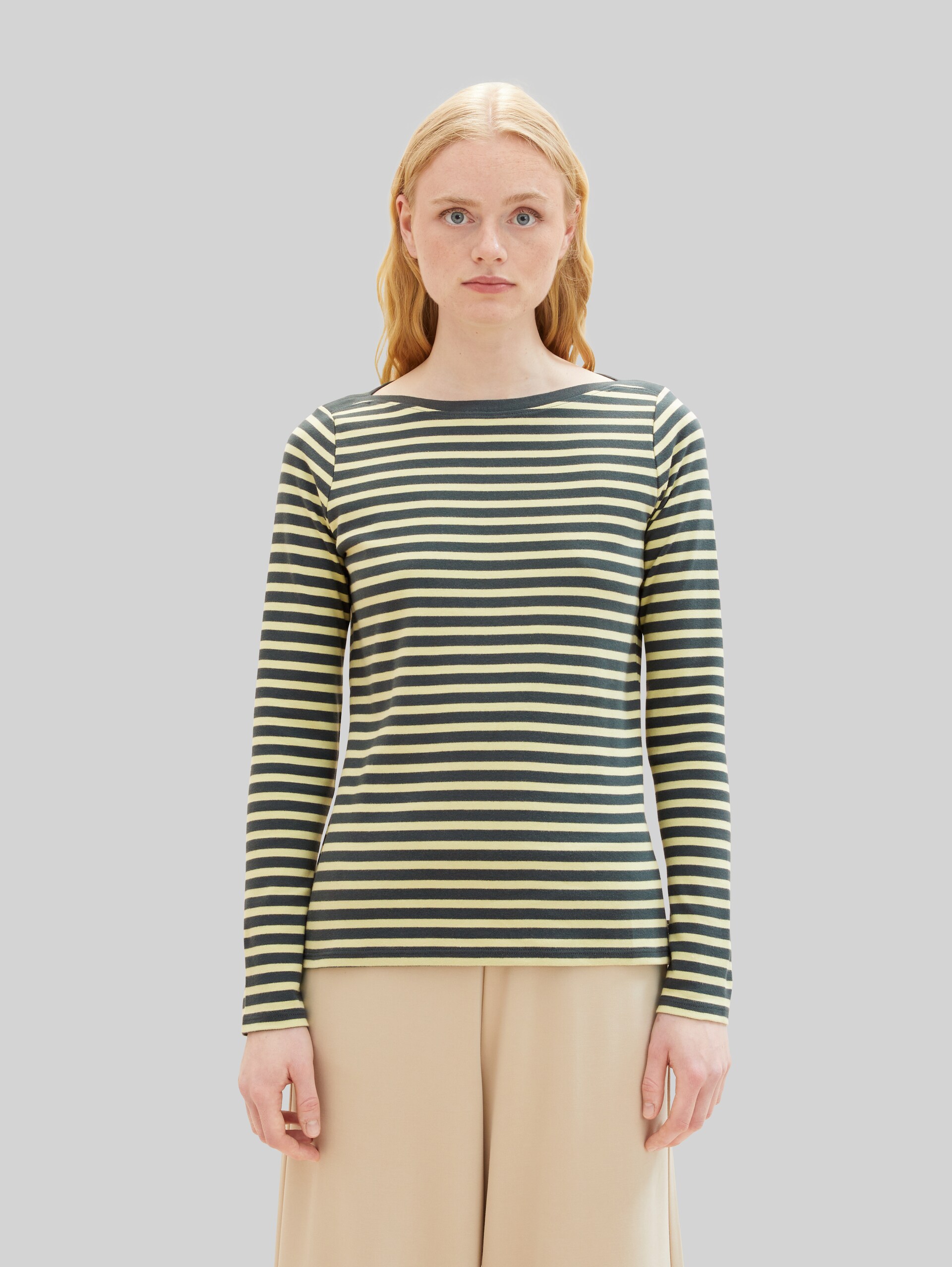 Shirt met lange mouwen en streepmotief - tonal green stripe - Nek model vooraanzicht