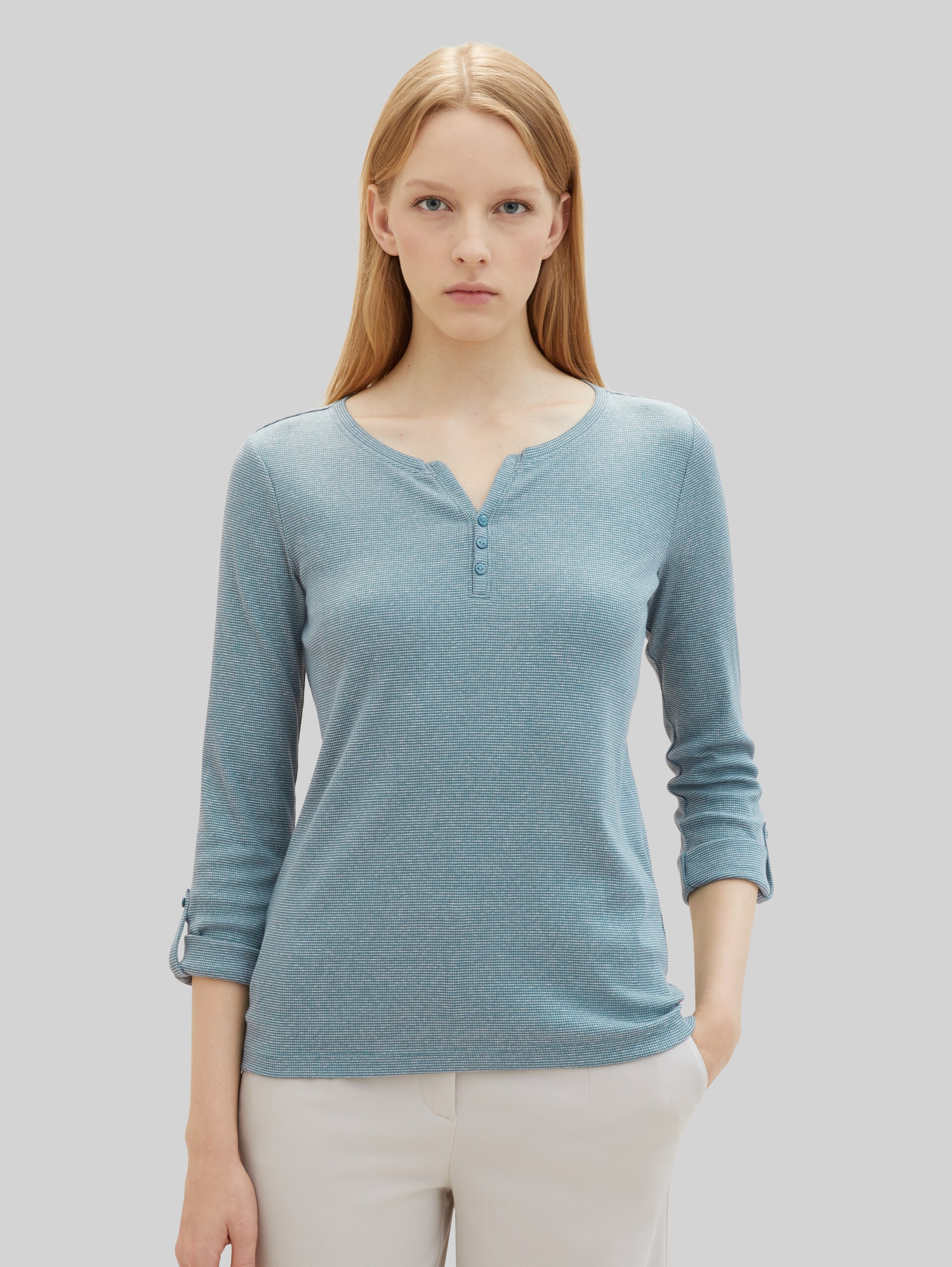Shirt met lange mouwen en omgeslagen mouwen - green offwhite stripe ck - Nek model vooraanzicht