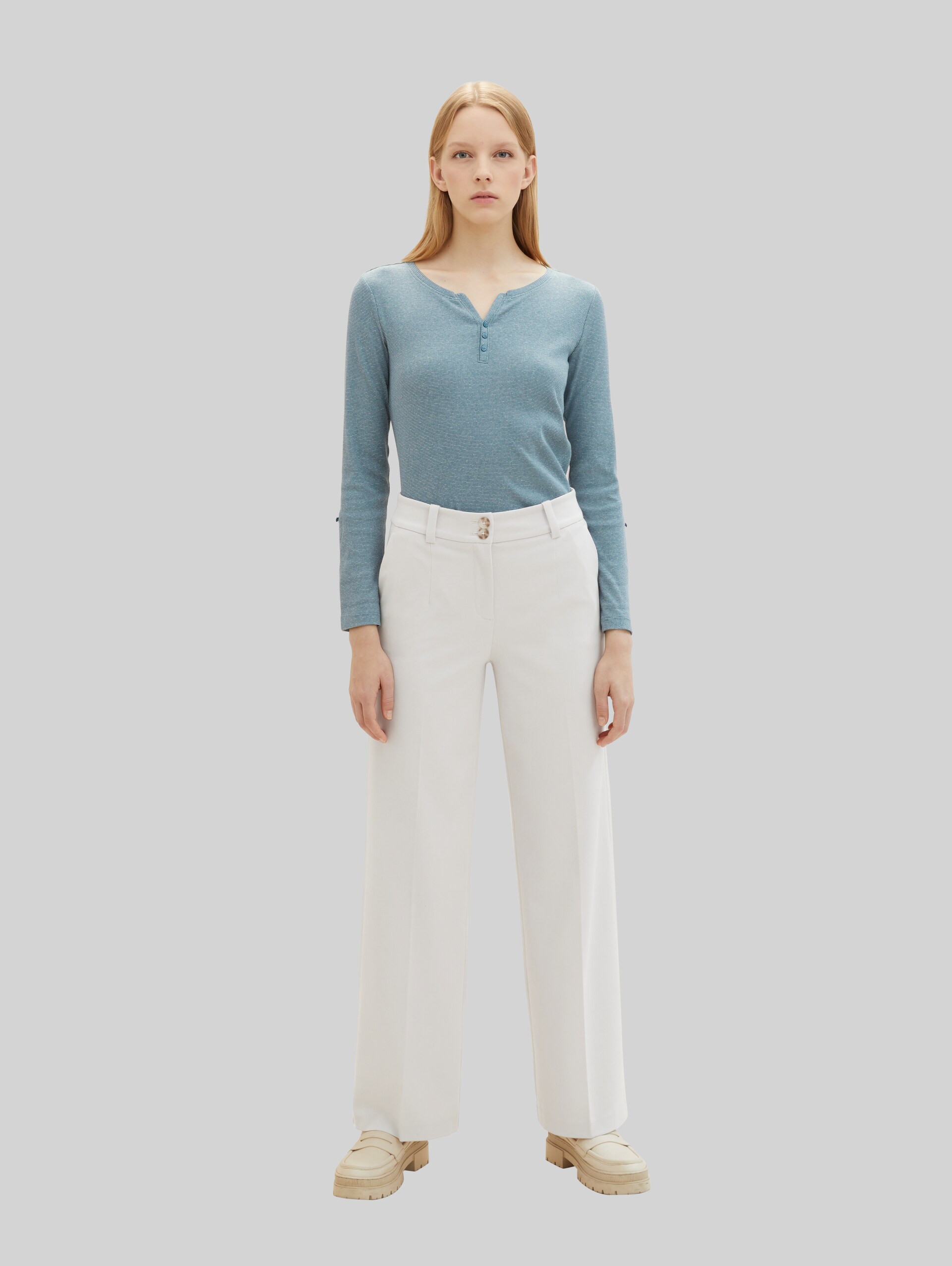 Shirt met lange mouwen en omgeslagen mouwen - green offwhite stripe ck - Model vooraanzicht