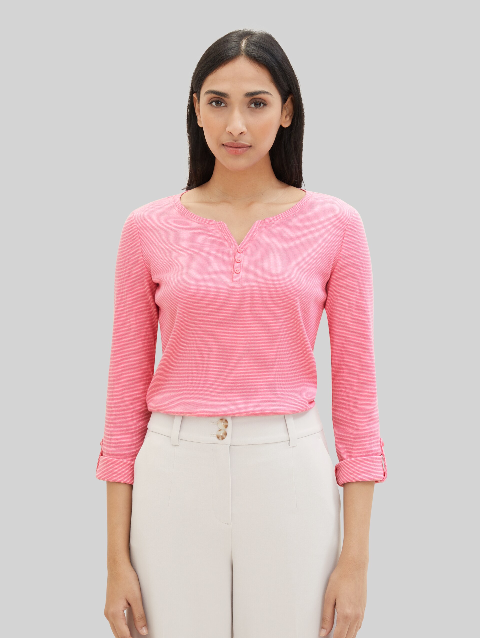 Shirt met lange mouwen en omgeslagen mouwen - pink offwhite stripe ck - Nek model vooraanzicht