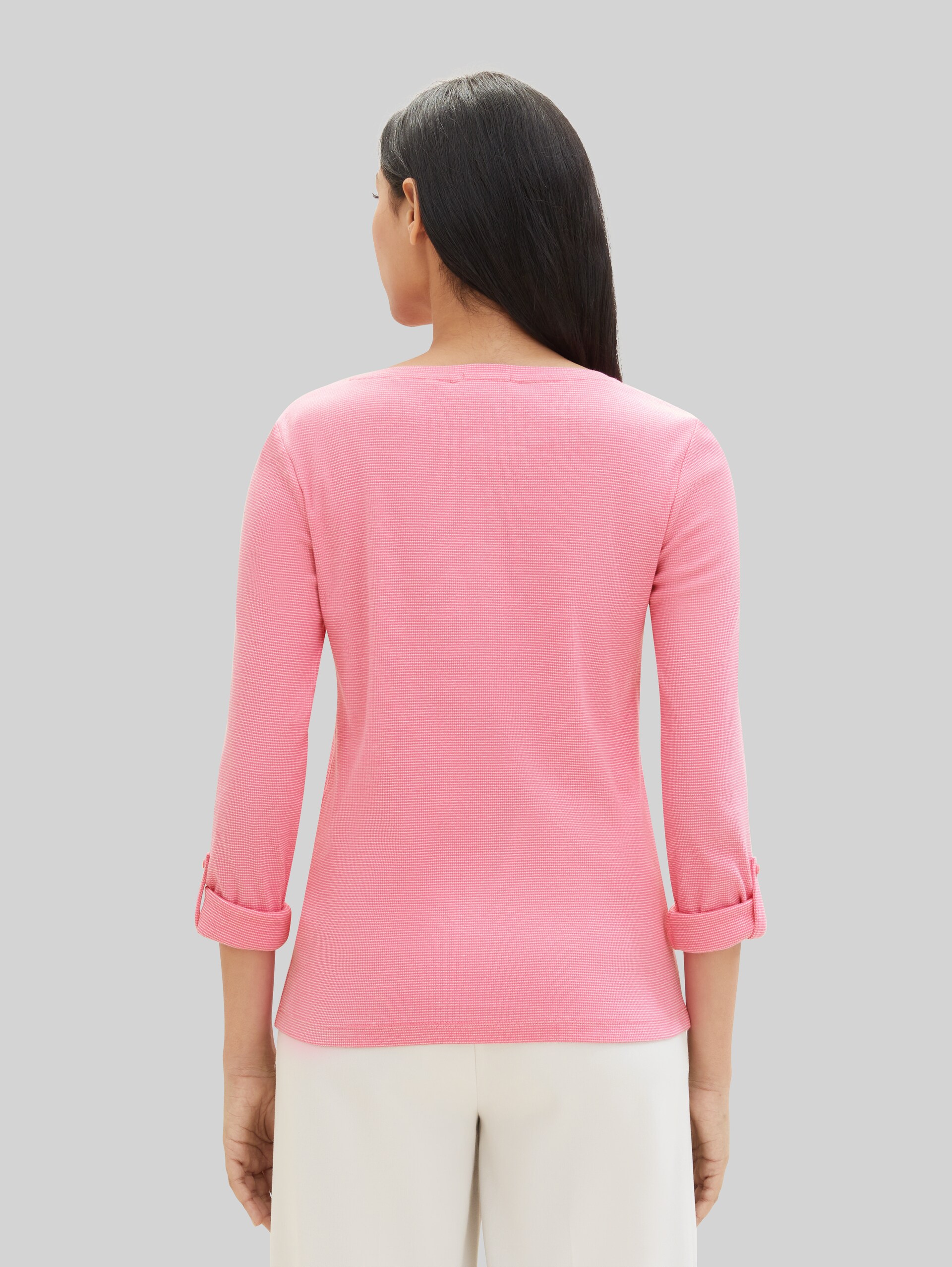 Shirt met lange mouwen en omgeslagen mouwen - pink offwhite stripe ck - Neklijn model-achteraanzicht