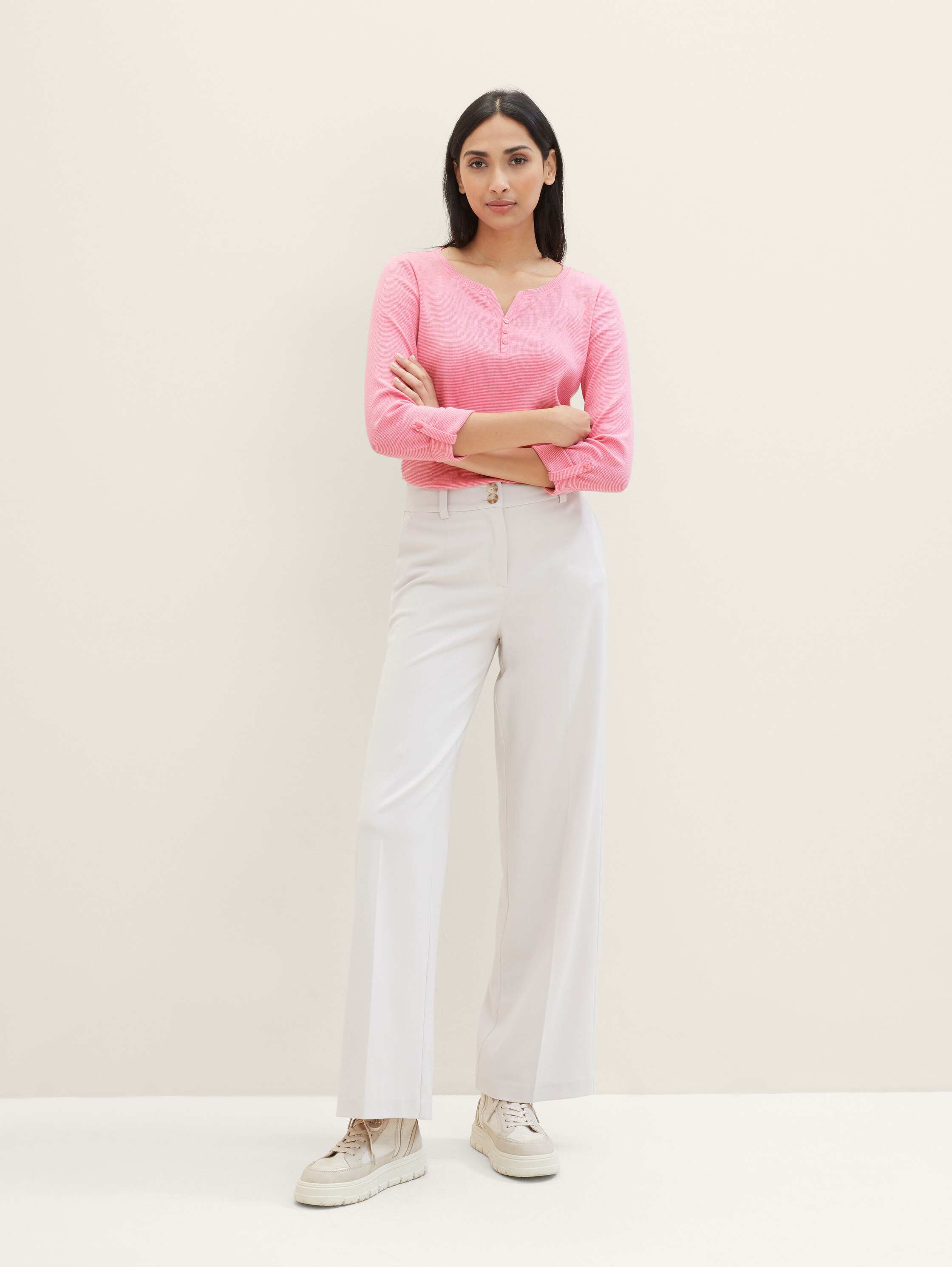 Shirt met lange mouwen en oprolfunctie - pink offwhite stripe ck - Model vooraanzicht