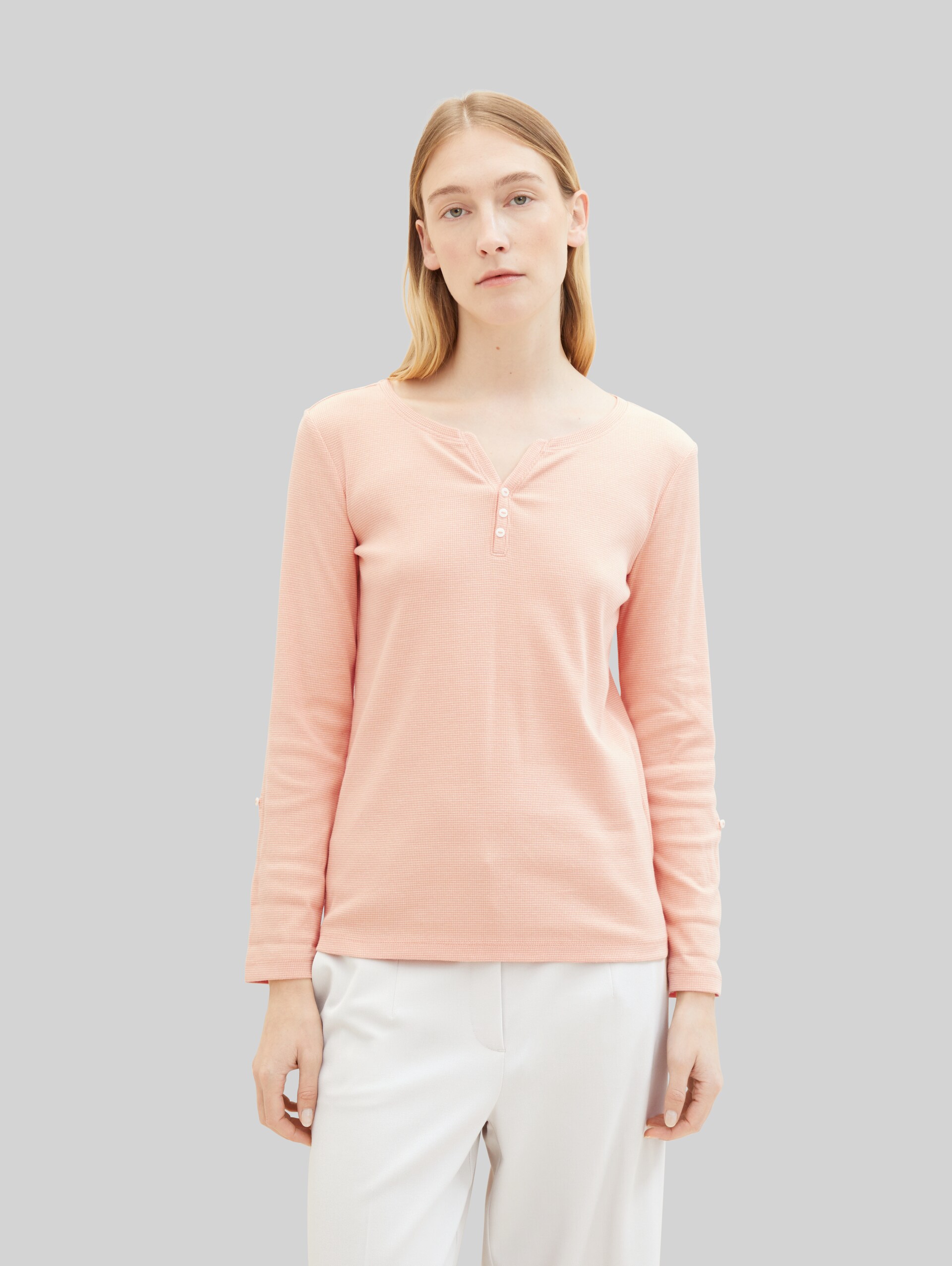 Langarmshirt mit Turn-Up-Funktion - apricot offwhite stripe ck - Ausschnitt Model-Vorderansicht