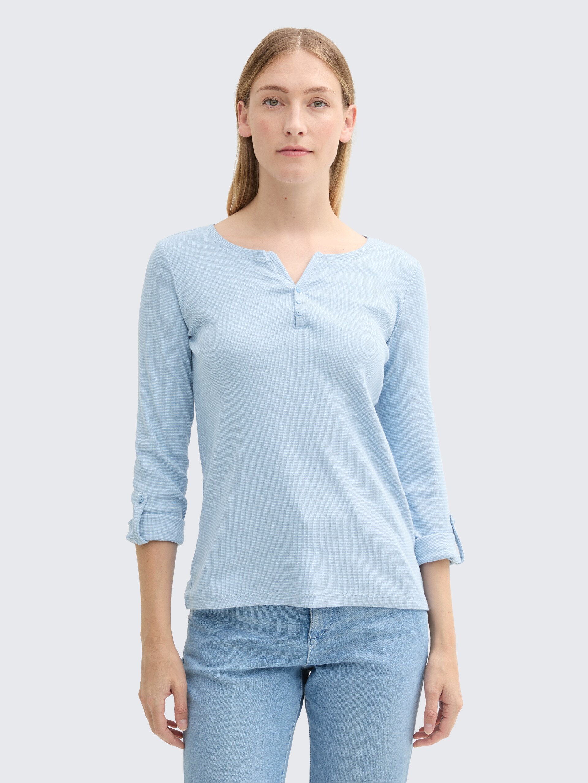Langarmshirt mit Turn-Up-Funktion - light fjord blue white stripe - Ausschnitt Model-Vorderansicht