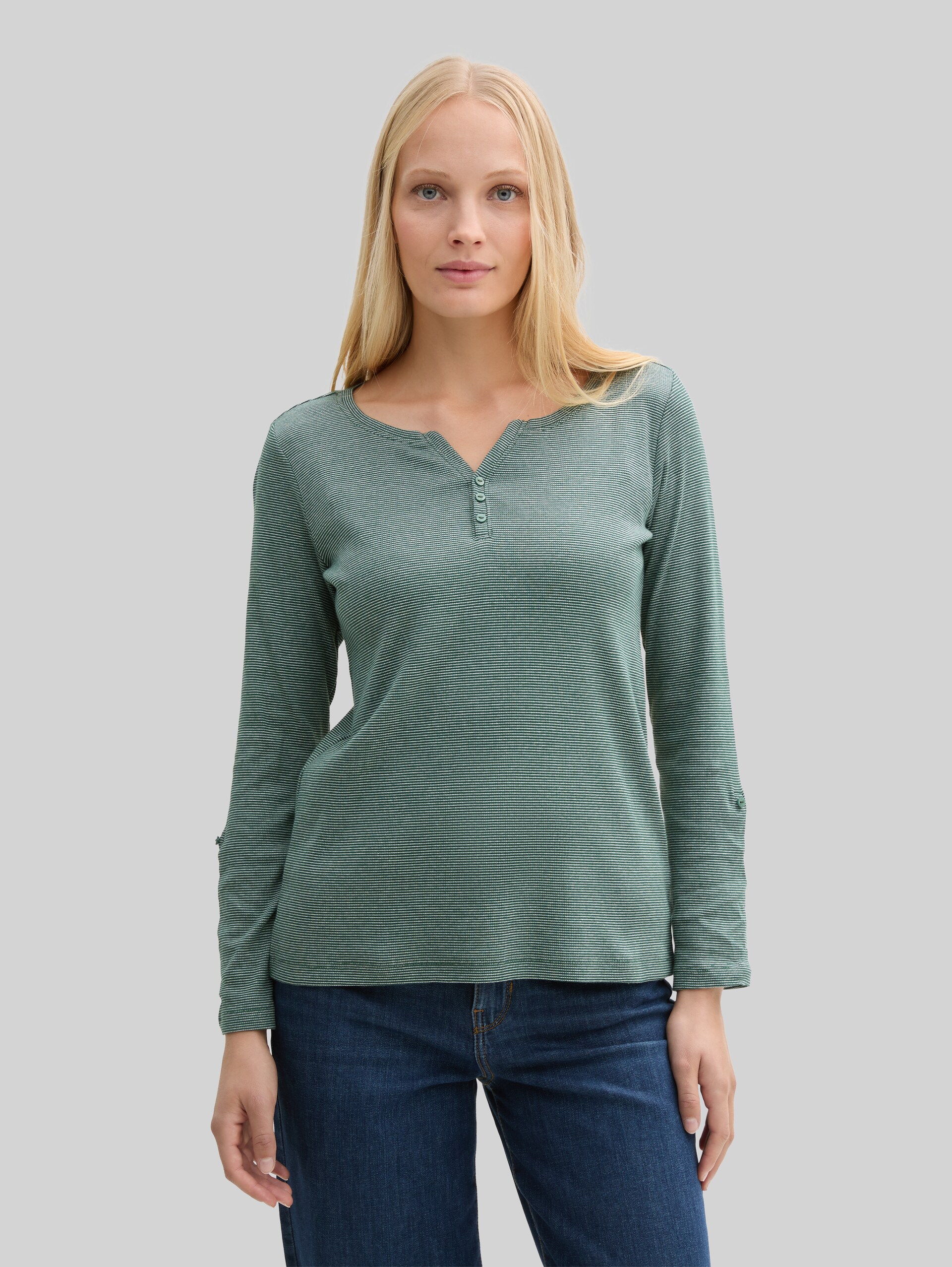 Long-sleeved top with turn-up feature - off white green small stripe - Neckline model front view