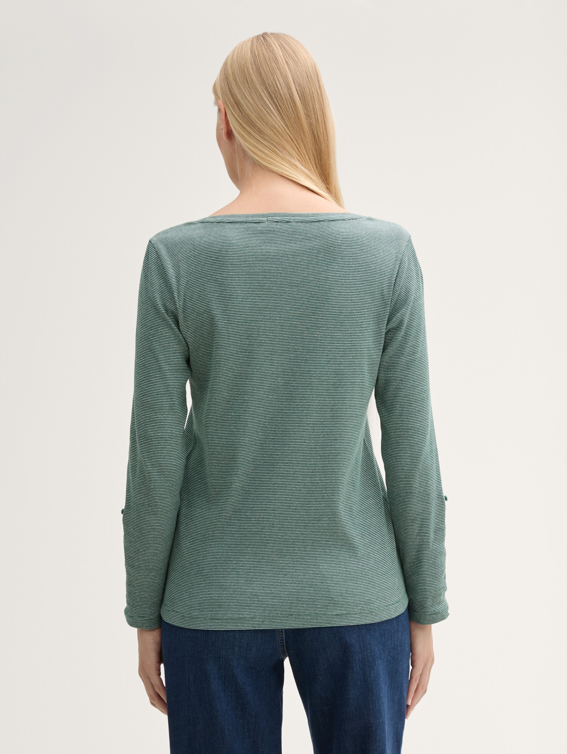 Long-sleeved top with turn-up feature - off white green small stripe - Neckline model-back view