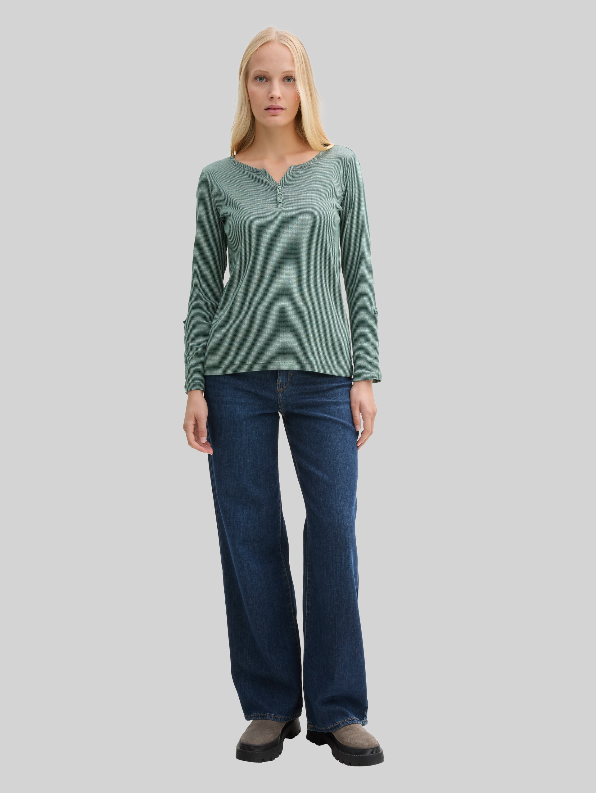 Long-sleeved top with turn-up feature - off white green small stripe - Model front view