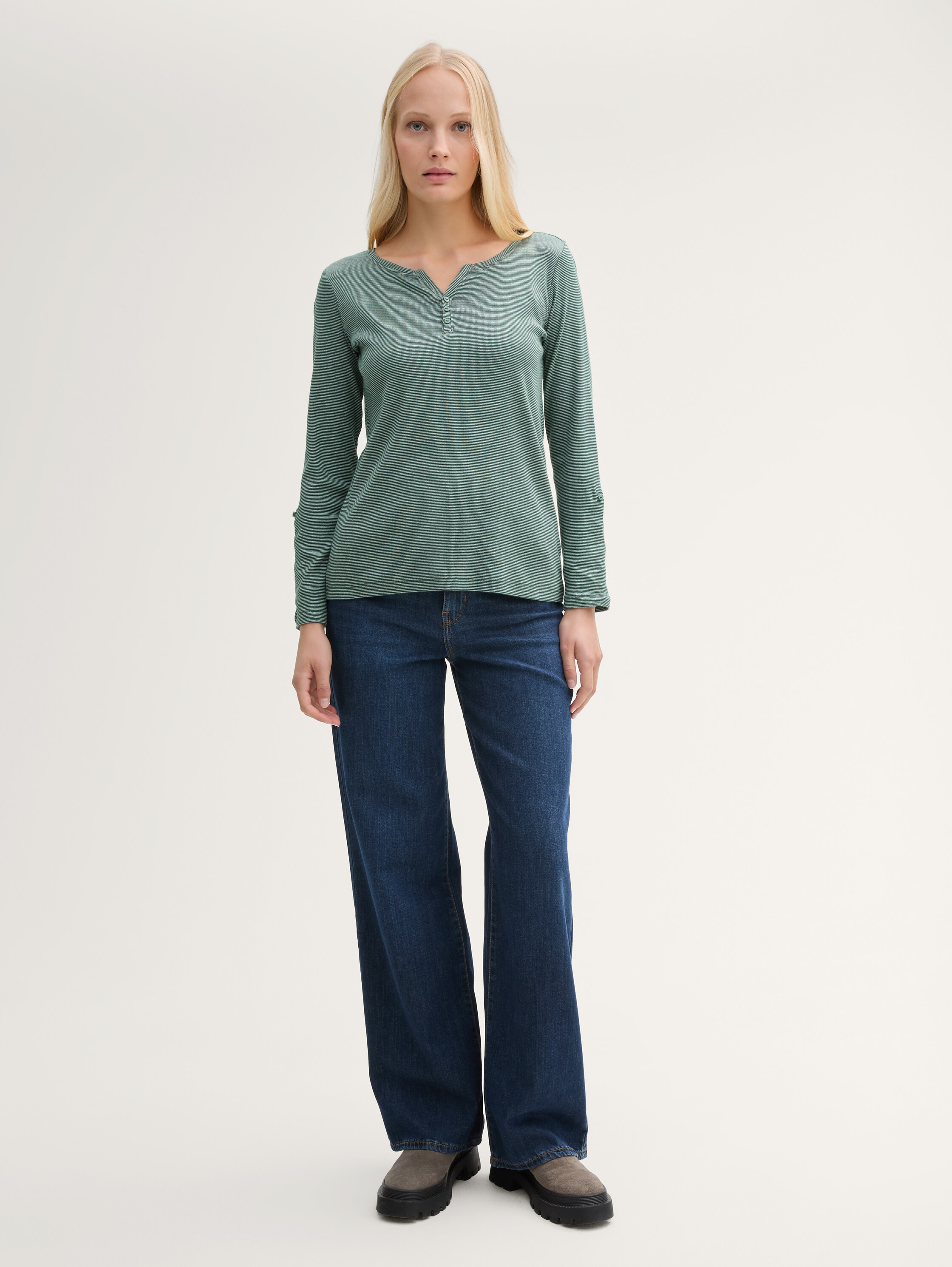 Langarmshirt mit Turn-Up-Funktion - off_white_green_small_stripe - 