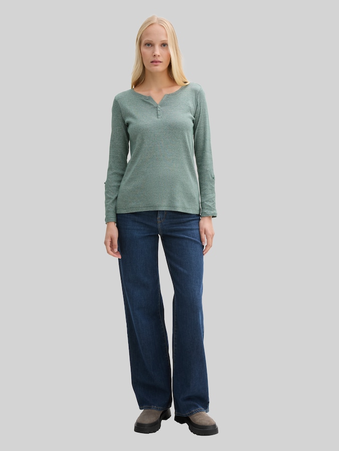 Long-sleeved top with turn-up feature by Women, off white green small stripe