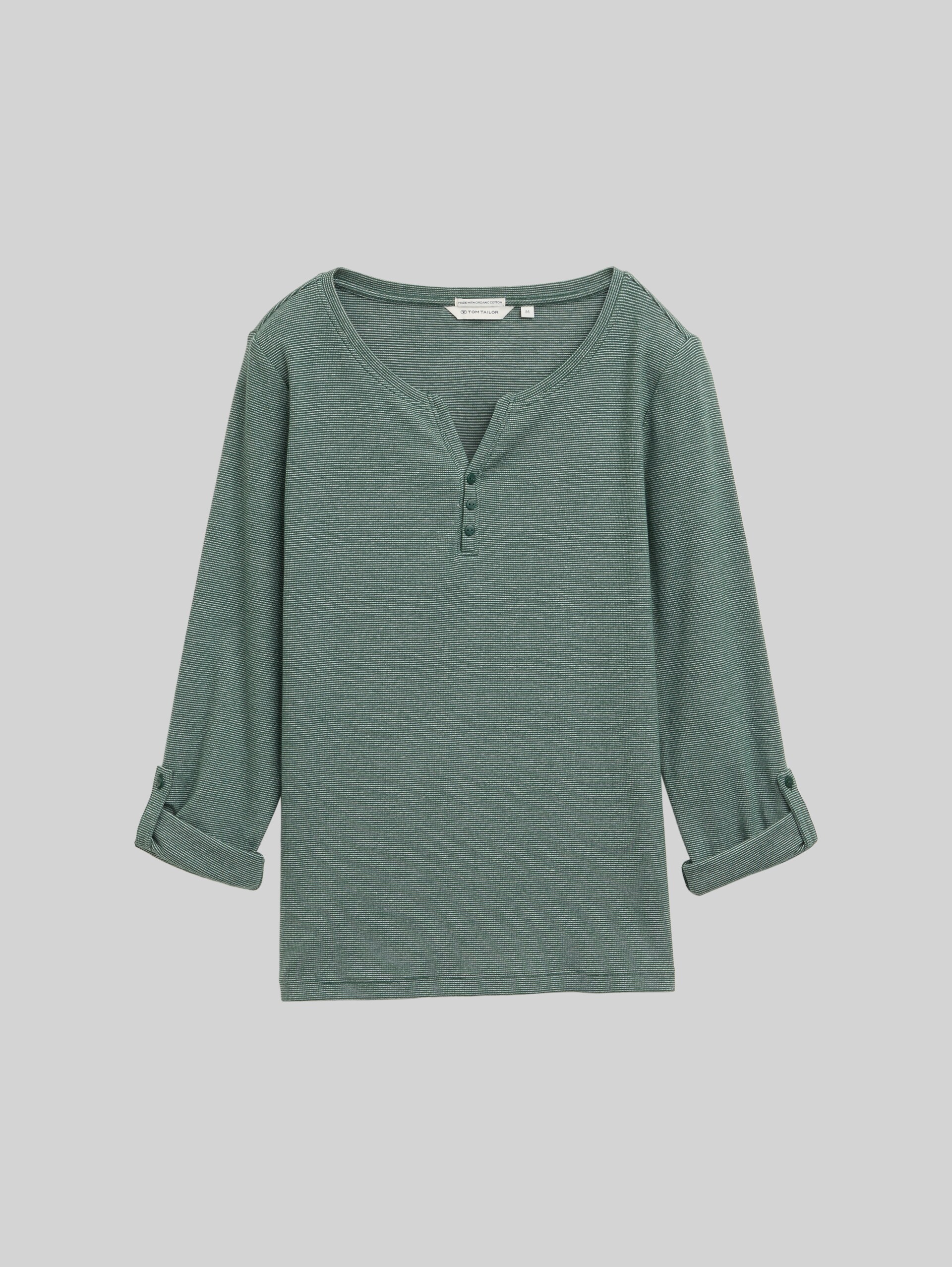 Long-sleeved top with turn-up feature - off white green small stripe - Front product view