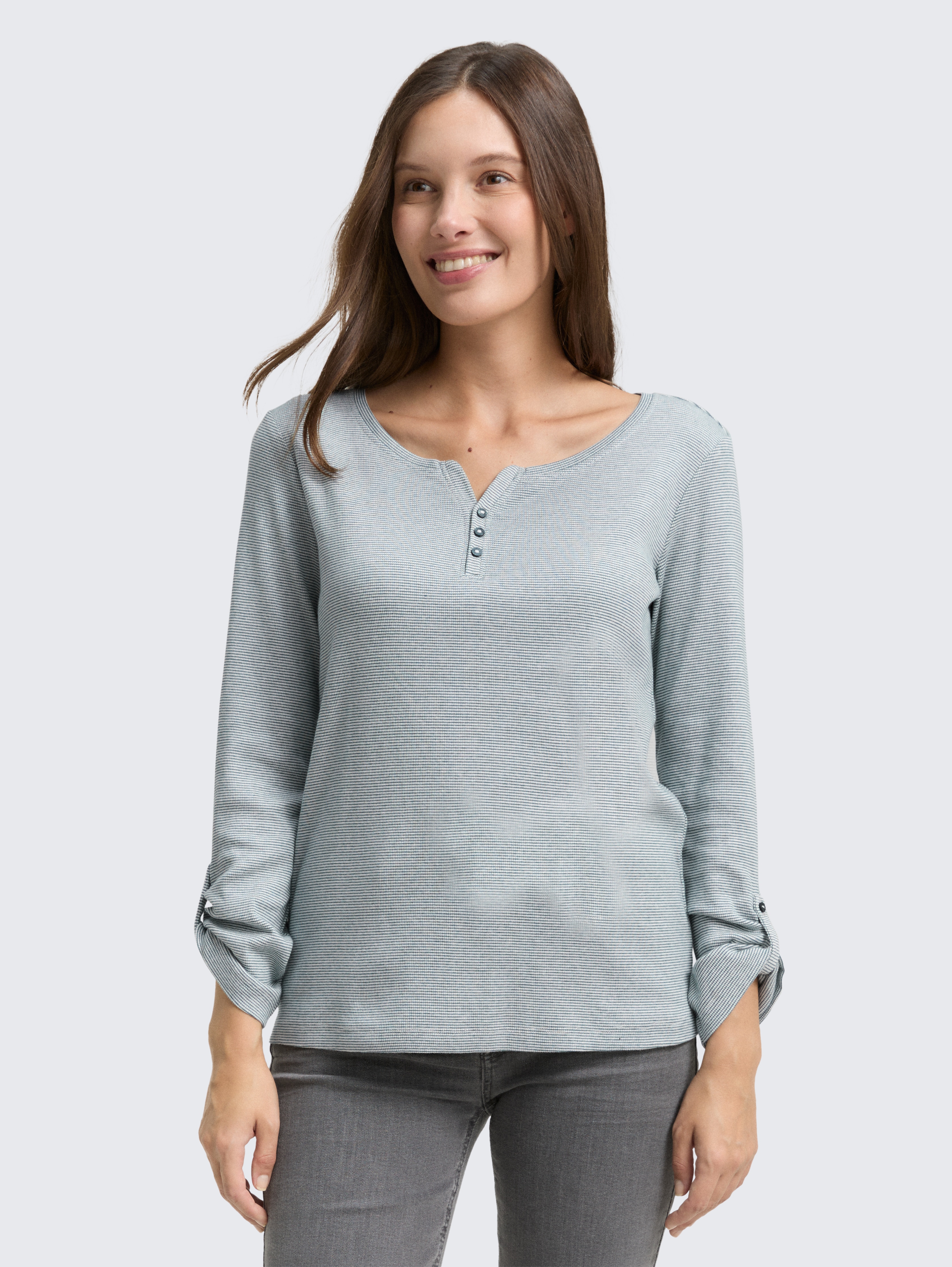 Langarmshirt mit Turn-Up-Funktion von Women, green offwhite small stripe