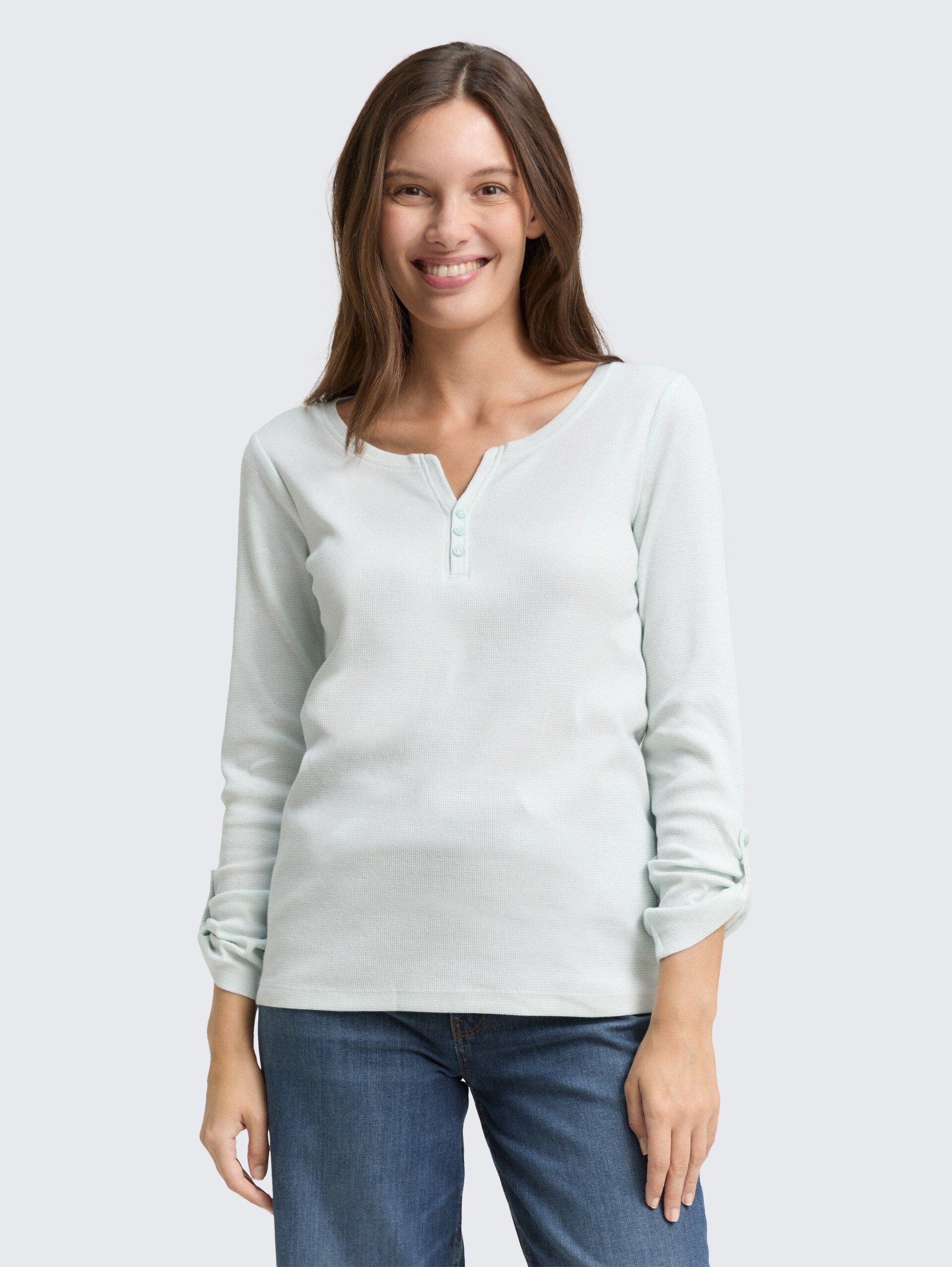 Langarmshirt mit Turn-Up-Funktion - offwhite mint small stripe - Ausschnitt Model-Vorderansicht