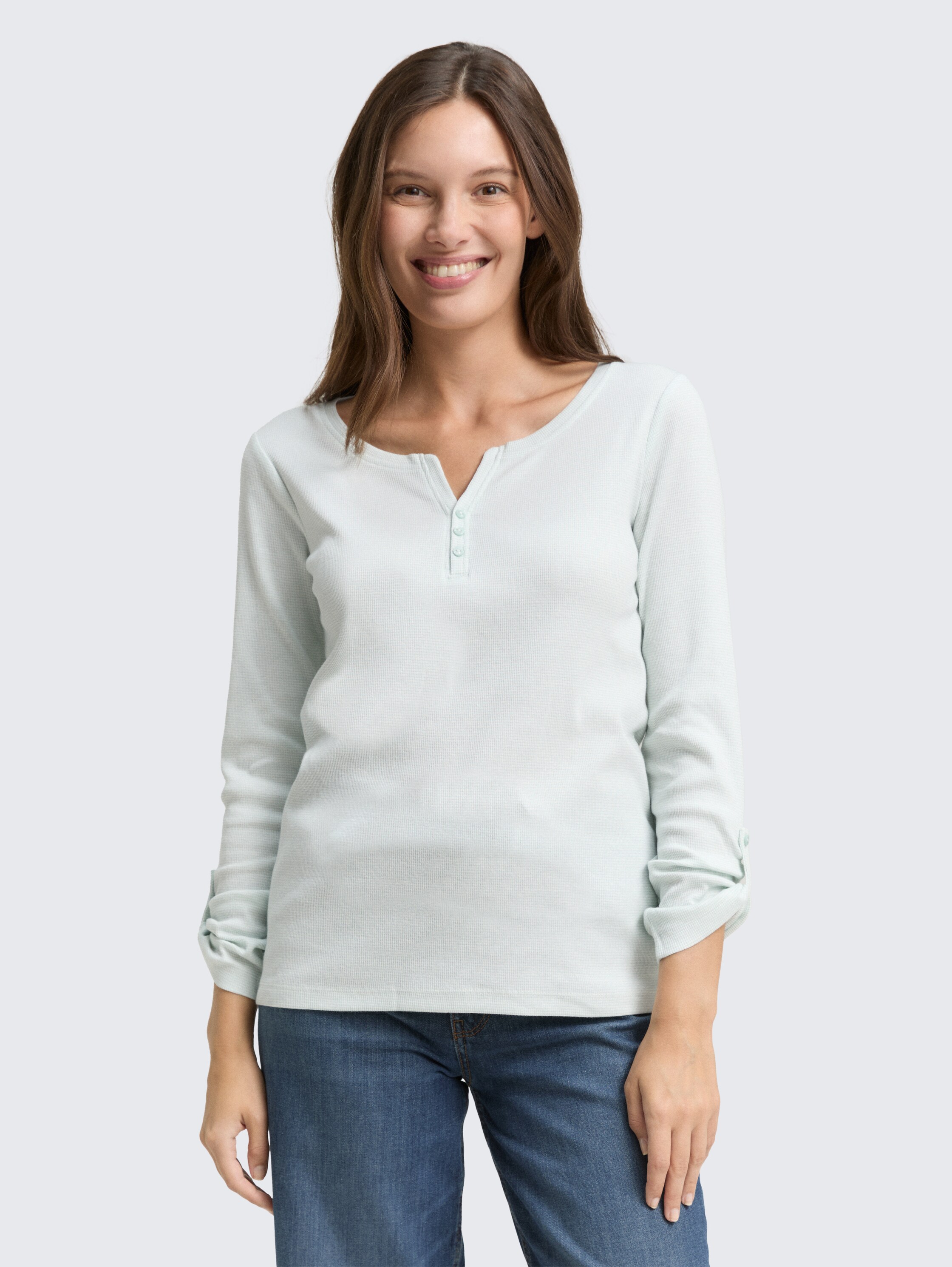 Shirt met lange mouwen en oprolfunctie - offwhite_mint_small_stripe - 