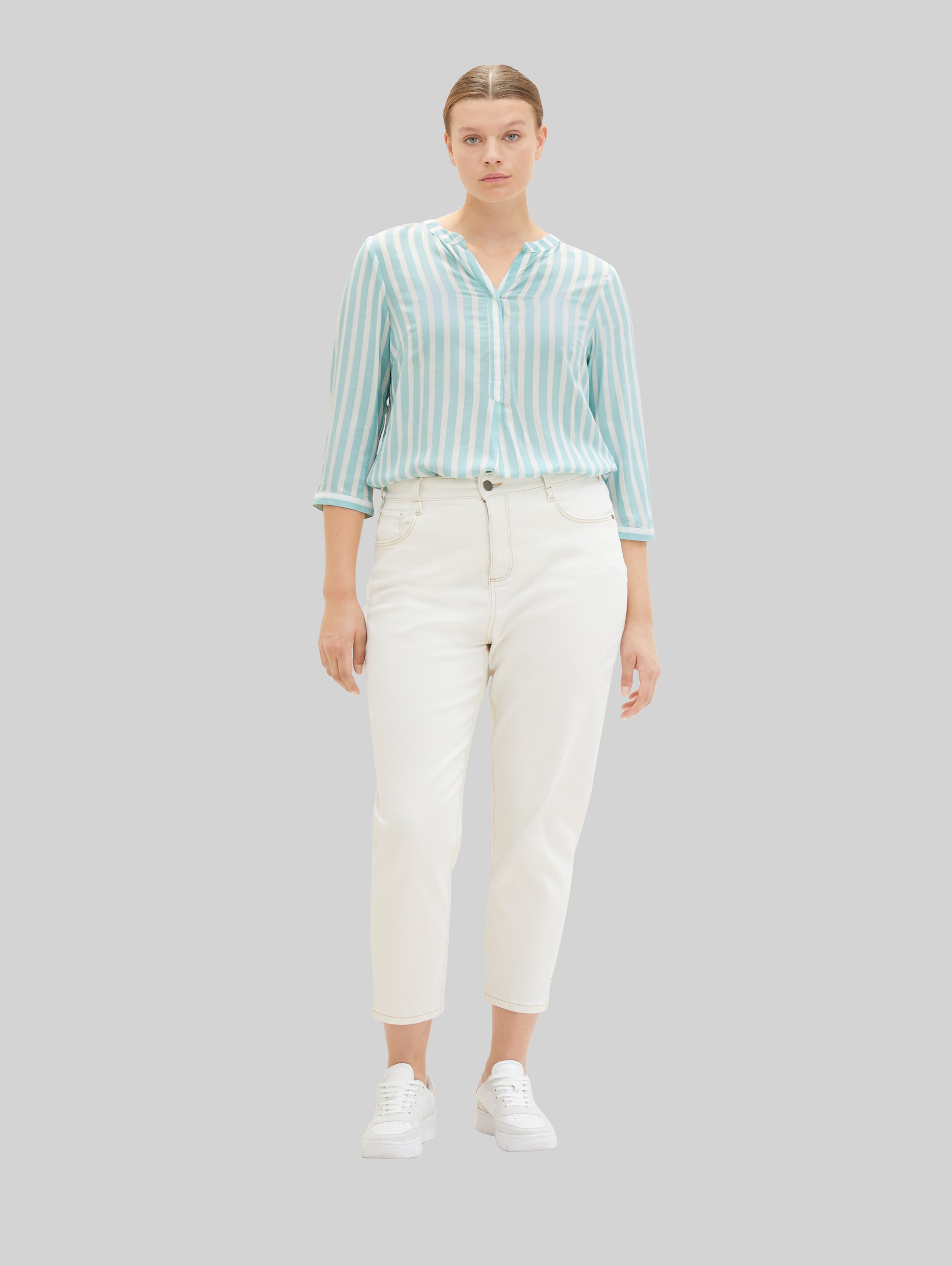 Plus Size - Chemise Henley à rayures - teal offwhite vertical stripe - Vue de face du modèle